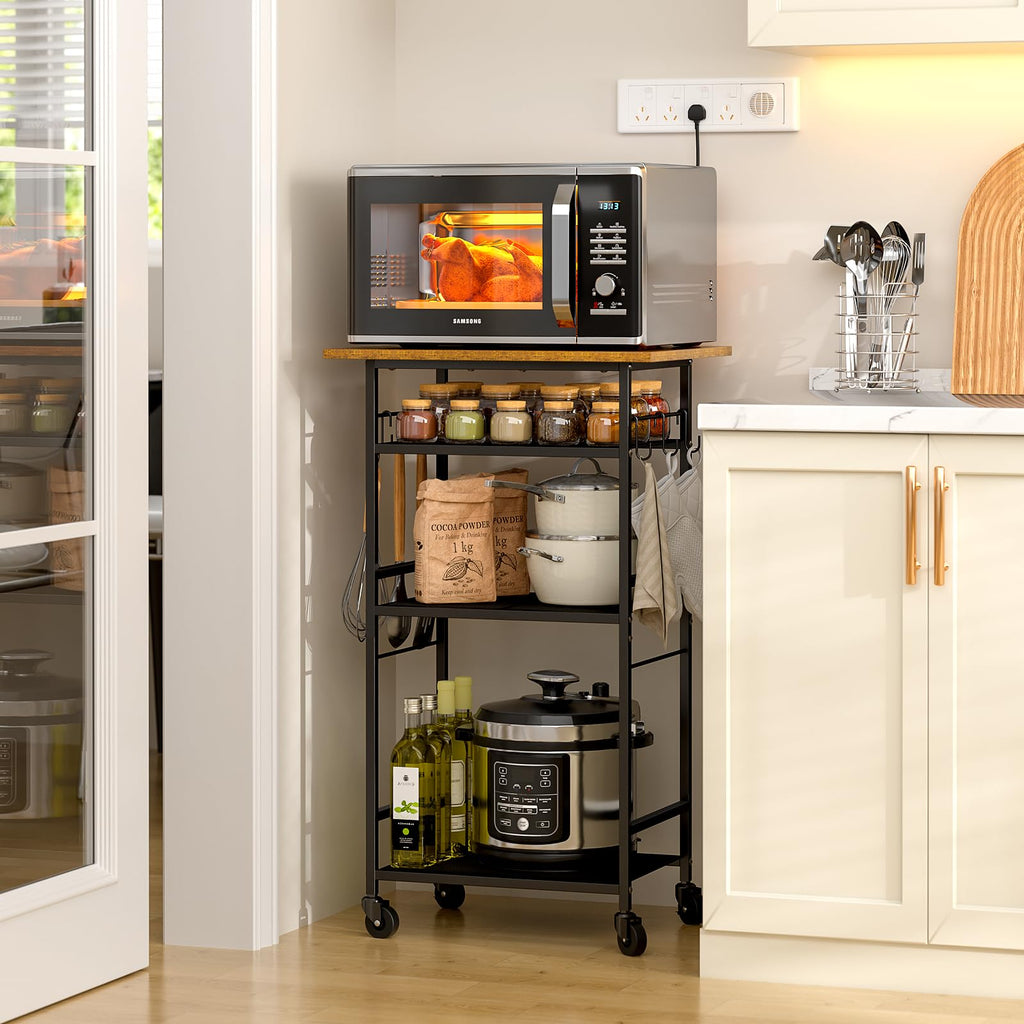 ThreeHio Rolling Kitchen Microwave Cart, 3 Tier Microwave Table Stand with Adjustable Shelf, Kitchen Storage Rack on Wheels, Coffee Station Cart Rack Shelf Organizer for Living Room Office, Balcony