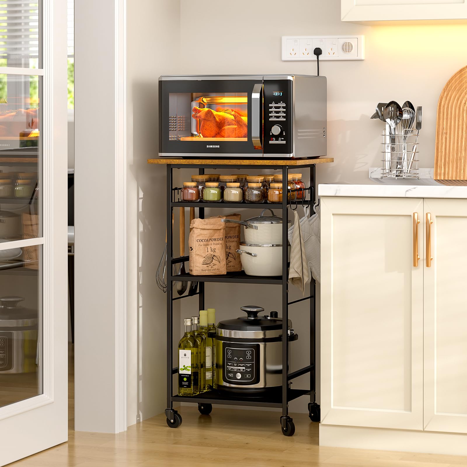 ThreeHio Rolling Kitchen Microwave Cart, 3 Tier Microwave Table Stand with Adjustable Shelf, Kitchen Storage Rack on Wheels, Coffee Station Cart Rack Shelf Organizer for Living Room Office, Balcony