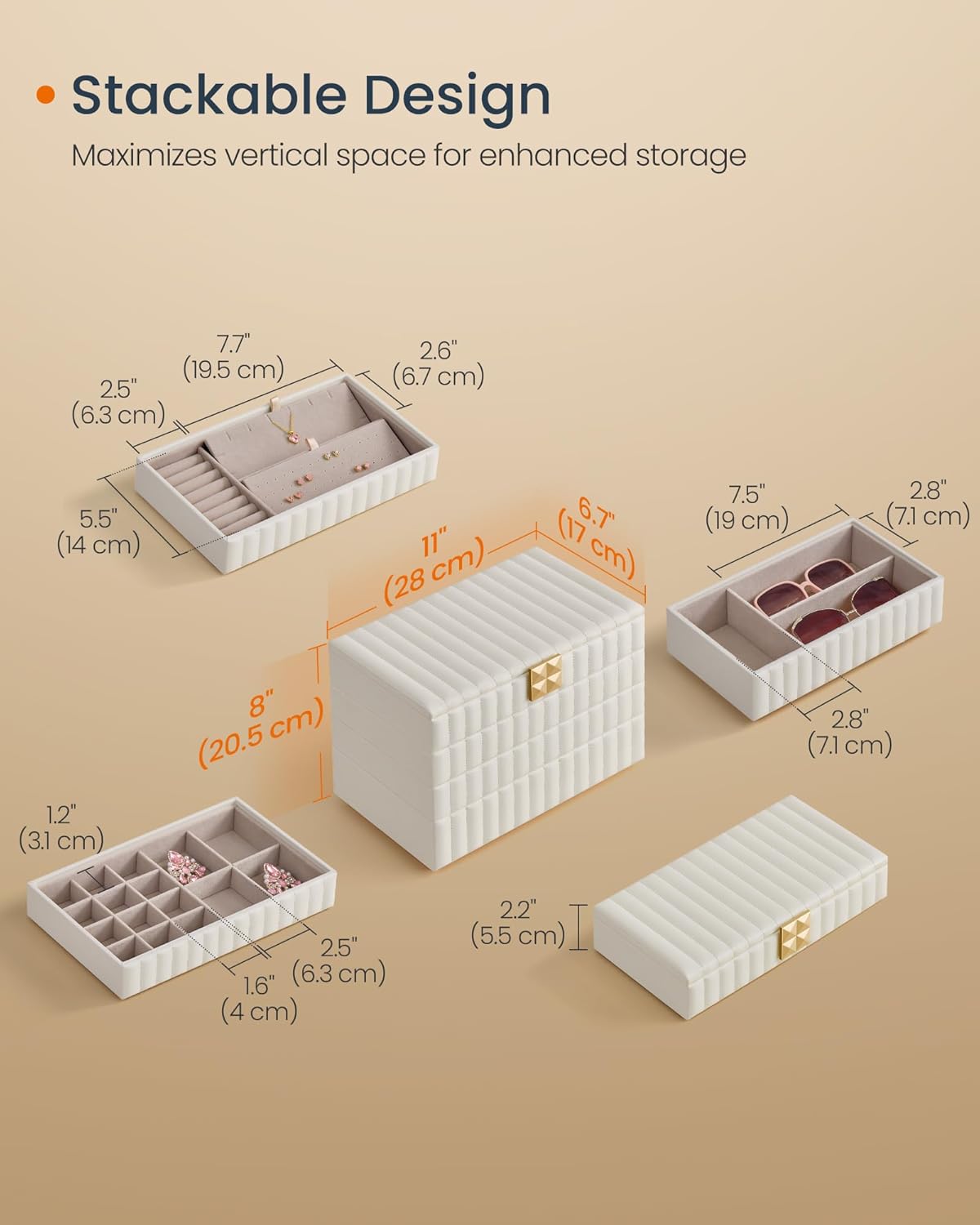 SONGMICS HOME Stackable Jewelry Box with Mirror, 4-Tier Jewelry Storage Organizer, PU Surface with Stitching, Floating Effect, 6.7 x 11 x 8 Inches, Cloud White, ANAH Collection UJBC181W01