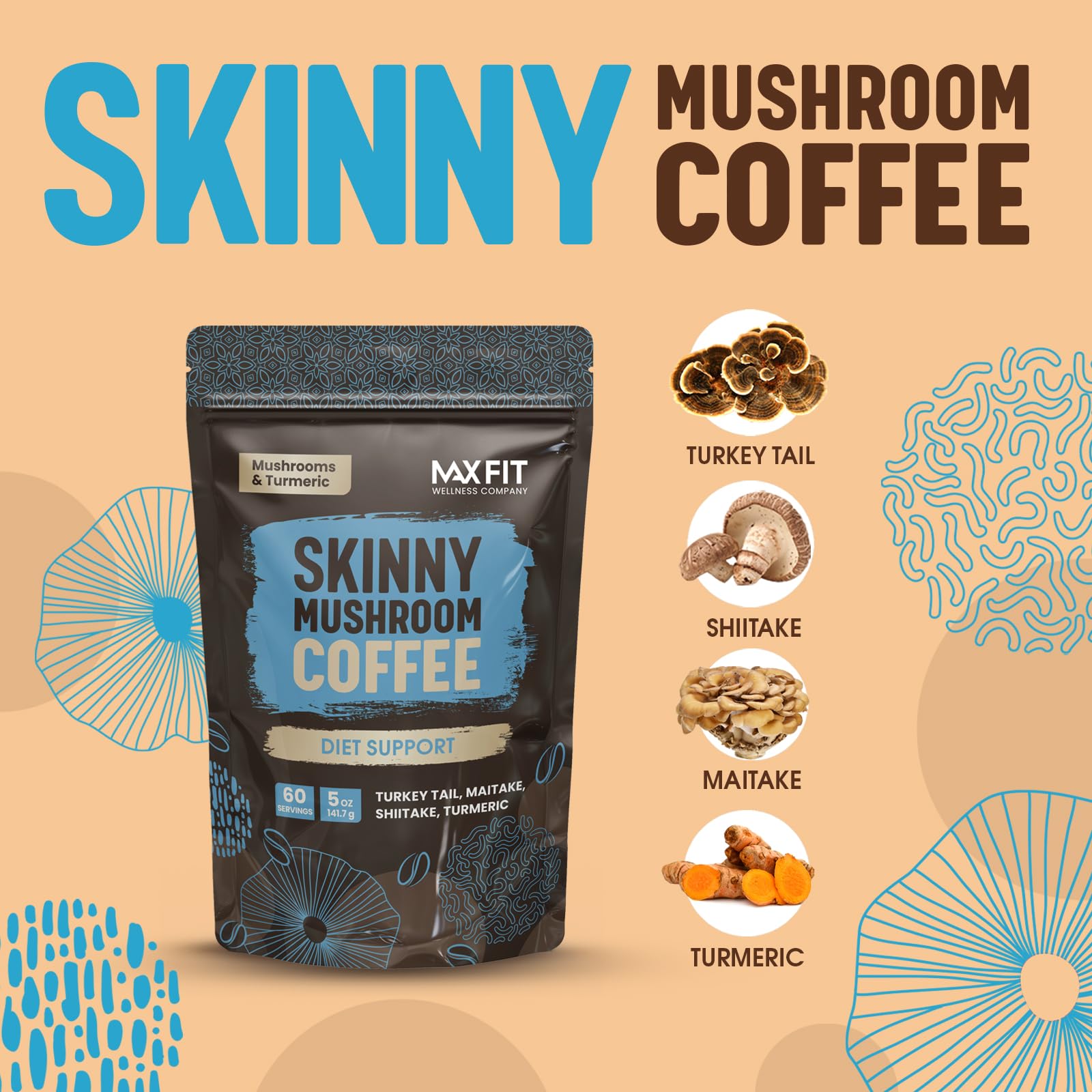 Mushroom Coffee (60 Servings) 10 Mushrooms (Lion’s Mane, Cordyceps, Turkey Tail & Other) Mixed With Gourmet Arabica Instant Immune Boosting Coffee for Focus & Gut Health Support