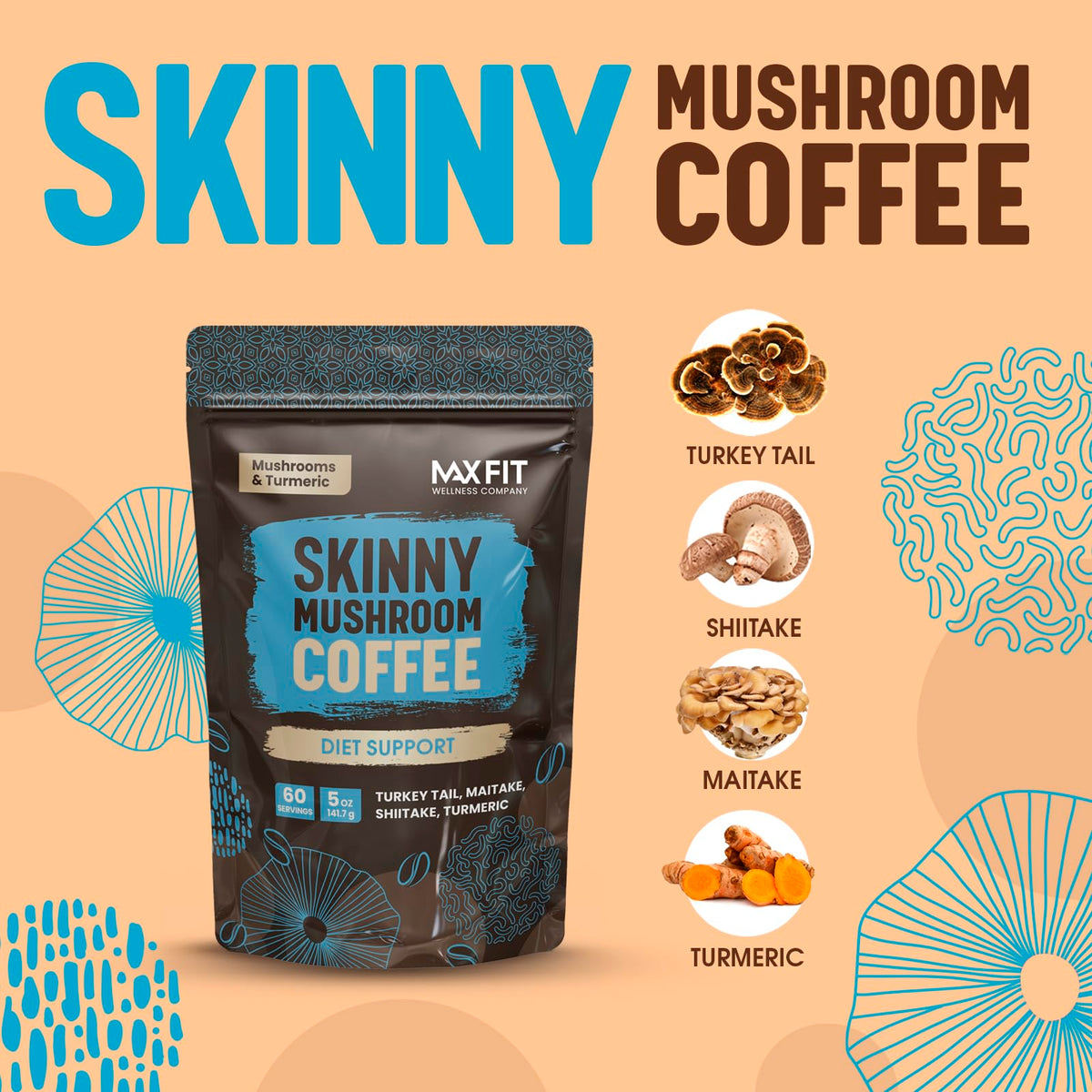 Mushroom Coffee (60 Servings) 10 Mushrooms (Lion’s Mane, Cordyceps, Turkey Tail & Other) Mixed With Gourmet Arabica Instant Immune Boosting Coffee for Focus & Gut Health Support