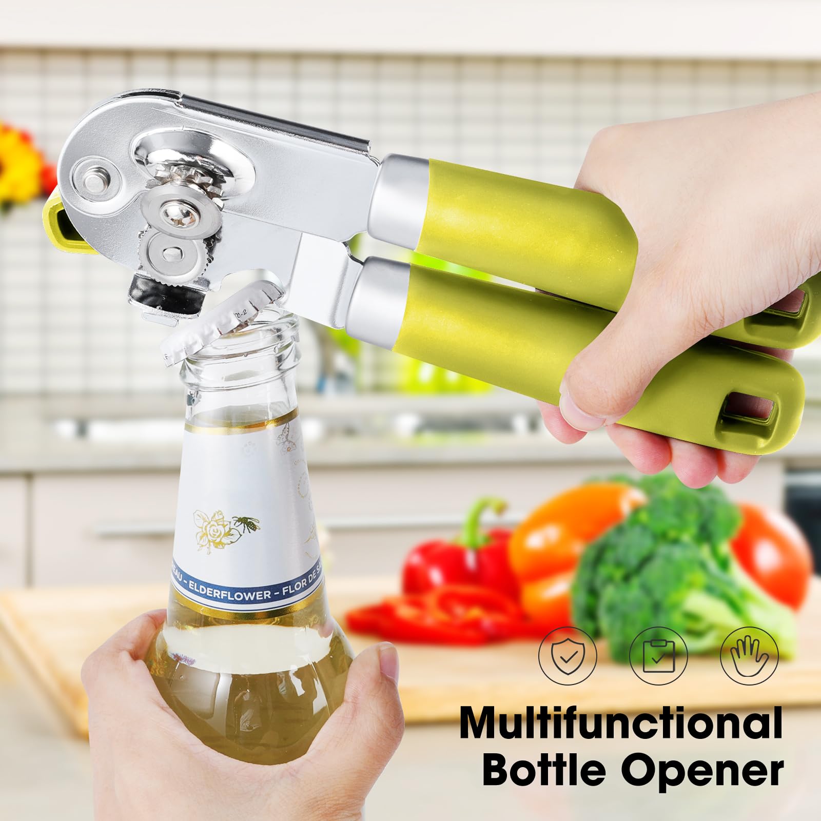 Beneno Heavy Duty Hand Can Opener Manual with Magnet, Durable Sharp Carbon Steel Blade Smooth Cutting, Big Effort-Saving Knob & Soft Grip Handle, Multifunctional Kitchen Tool with Bottle Opener, Green