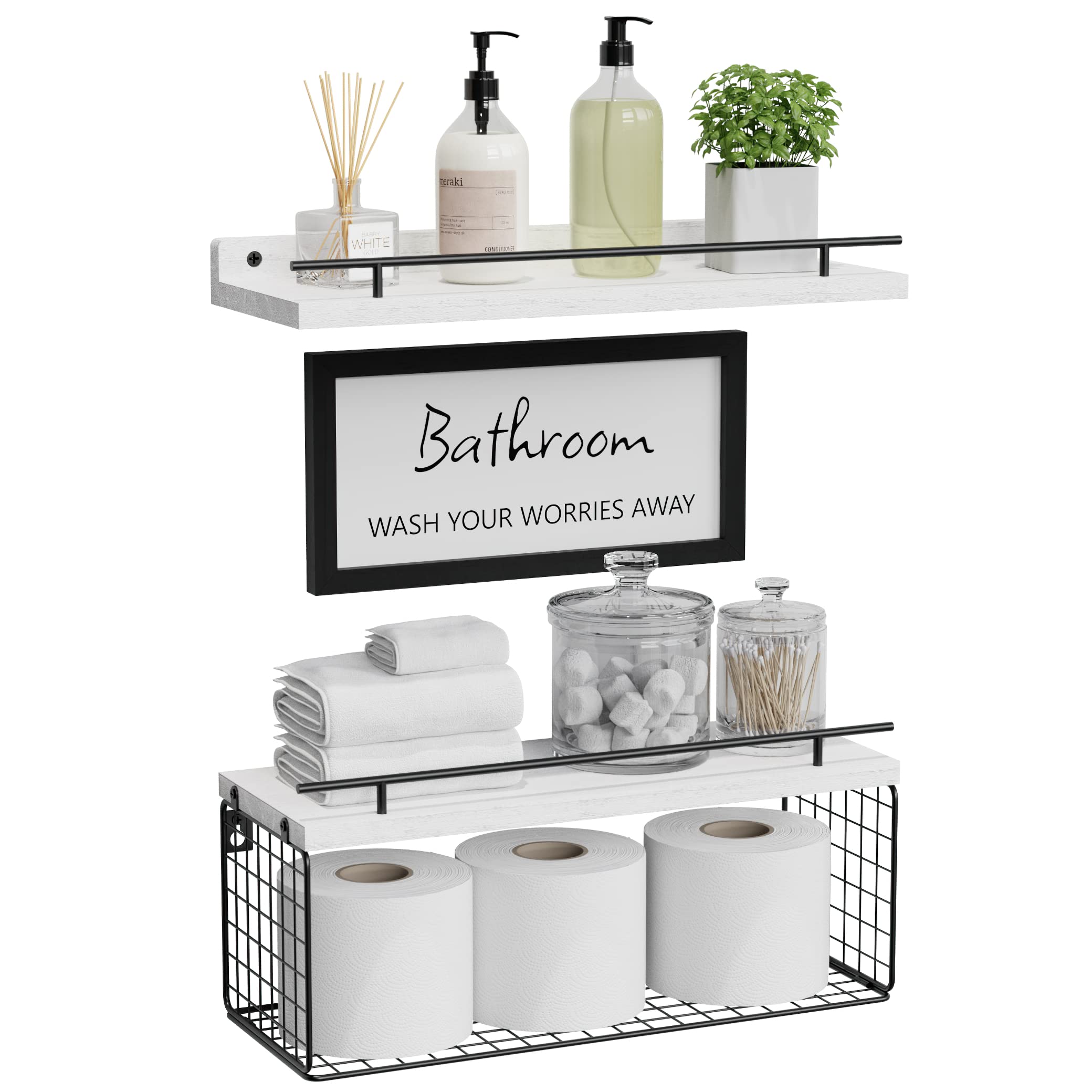 WOPITUES Floating Shelves for Wall Decor Sign, Bathroom Organizers and Storage, Bathroom Shelves Over Toilet with Metal Guardrail-Black