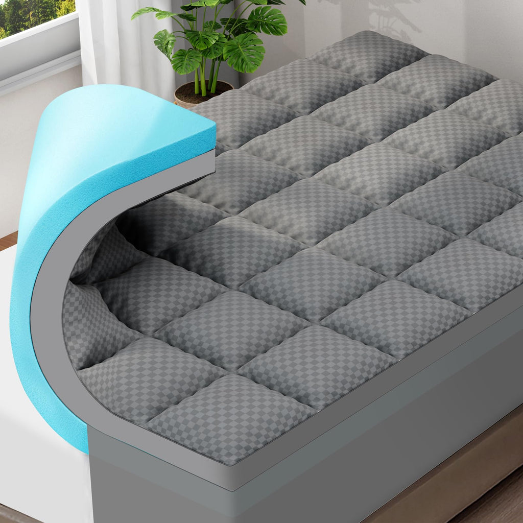 OLANLY Dual-Layer 4 Inch Queen Size Memory Foam Mattress Topper for Back Pain, 2 Inch Cooling Pillow Top Mattress Pad Cover and 2 Inch Gel Memory Foam Topper, Deep Elastic Pocket, Grey