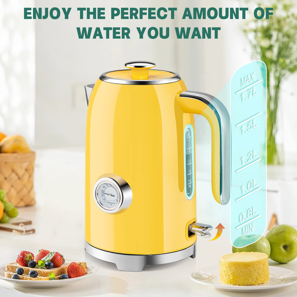 SUSTEAS Electric Kettle - 57oz Hot Tea Water Boiler with Thermometer, 1500W Fast Heating Stainless Steel Pot, Cordless LED Indicator, Auto Shut-Off & Boil Dry Protection, Retro Green