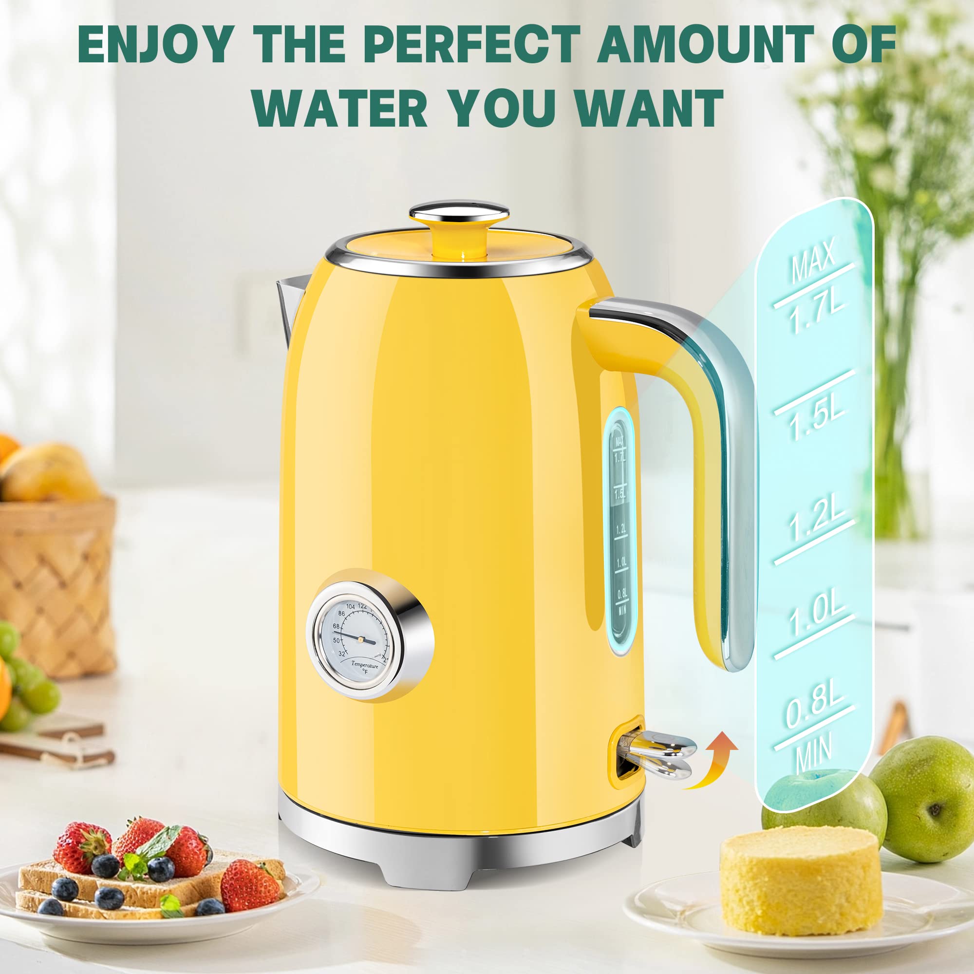 SUSTEAS Electric Kettle - 57oz Hot Tea Water Boiler with Thermometer, 1500W Fast Heating Stainless Steel Pot, Cordless LED Indicator, Auto Shut-Off & Boil Dry Protection, Retro Green