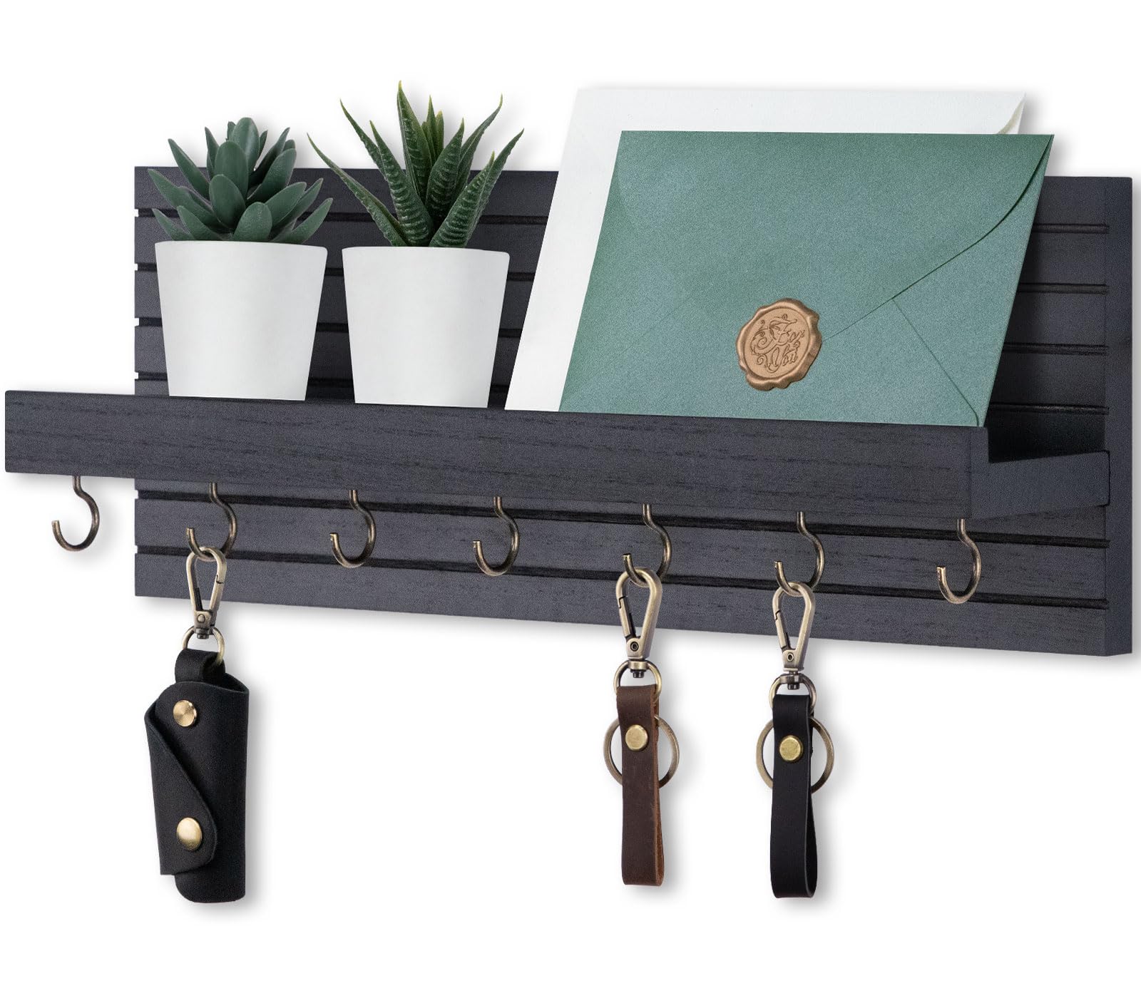 Decorative Key Holder for Wall with Shelf, Entryway Shelf with Hooks Holds Leashes, Jackets and Glasses – Sturdy Wood Keyholder Entrance Hanger with Mounting Hardware (Black, Medium)