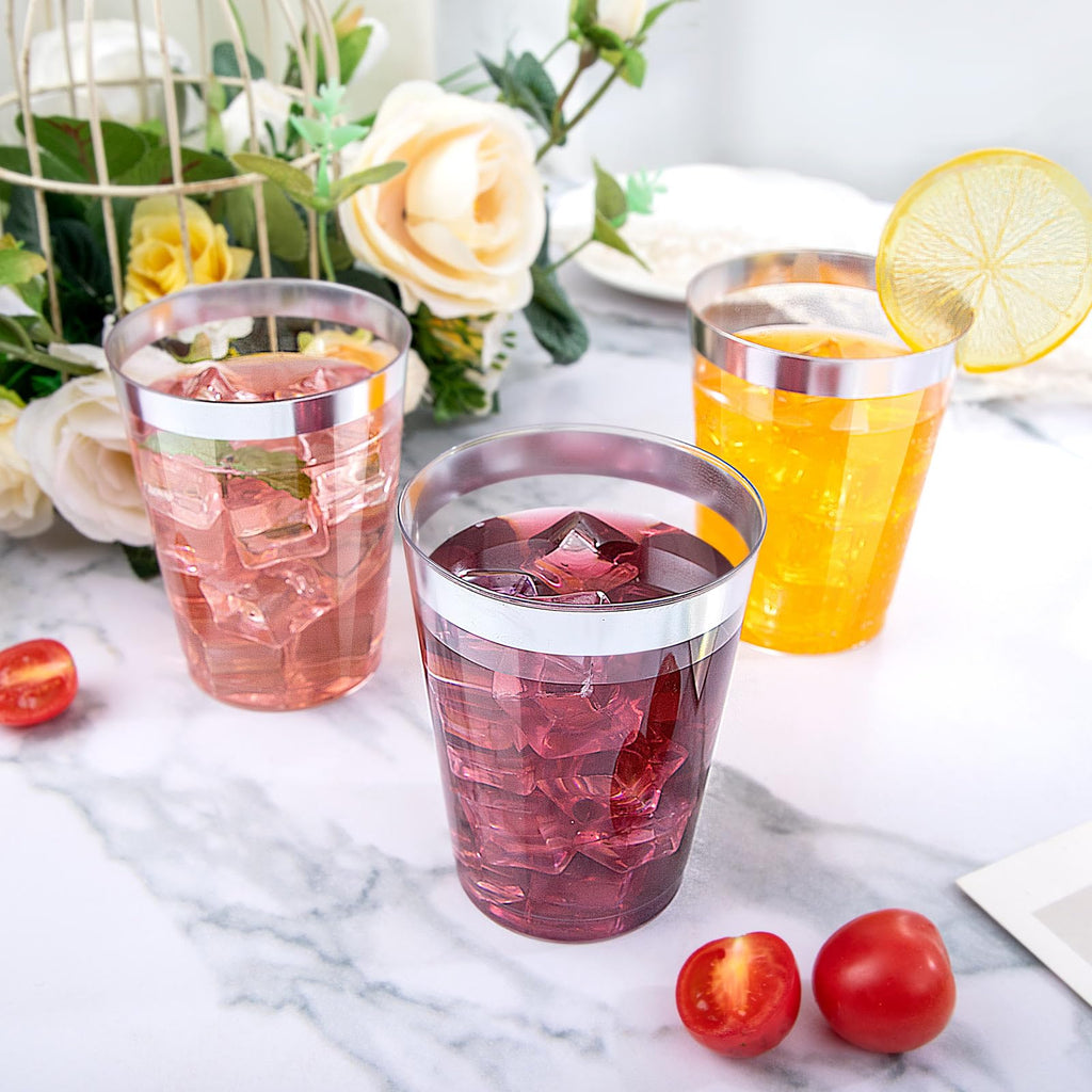 DaYammi 200 Pack Gold Plastic Cups 10 Oz Clear Cup Gold Rimmed Disposable Wine Glasses Fancy Disposable Party Cups Tumblers Drinking Cup Plastic Cocktail Glasses gold disposable cups for Party Wedding