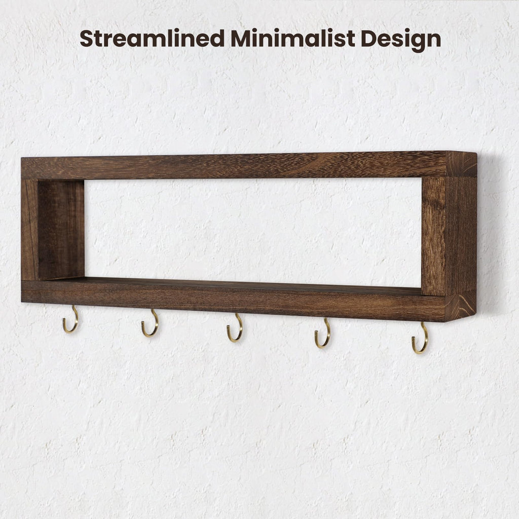 Wall Shelf with Hooks - Decorative Key and Wallet Holder for Wall Holds Sunglasses, Leashes, Scarves and Lanyards - 15.7" x 5.1" x 2.9" Entryway Organizer Made of Paulownia Wood (White)