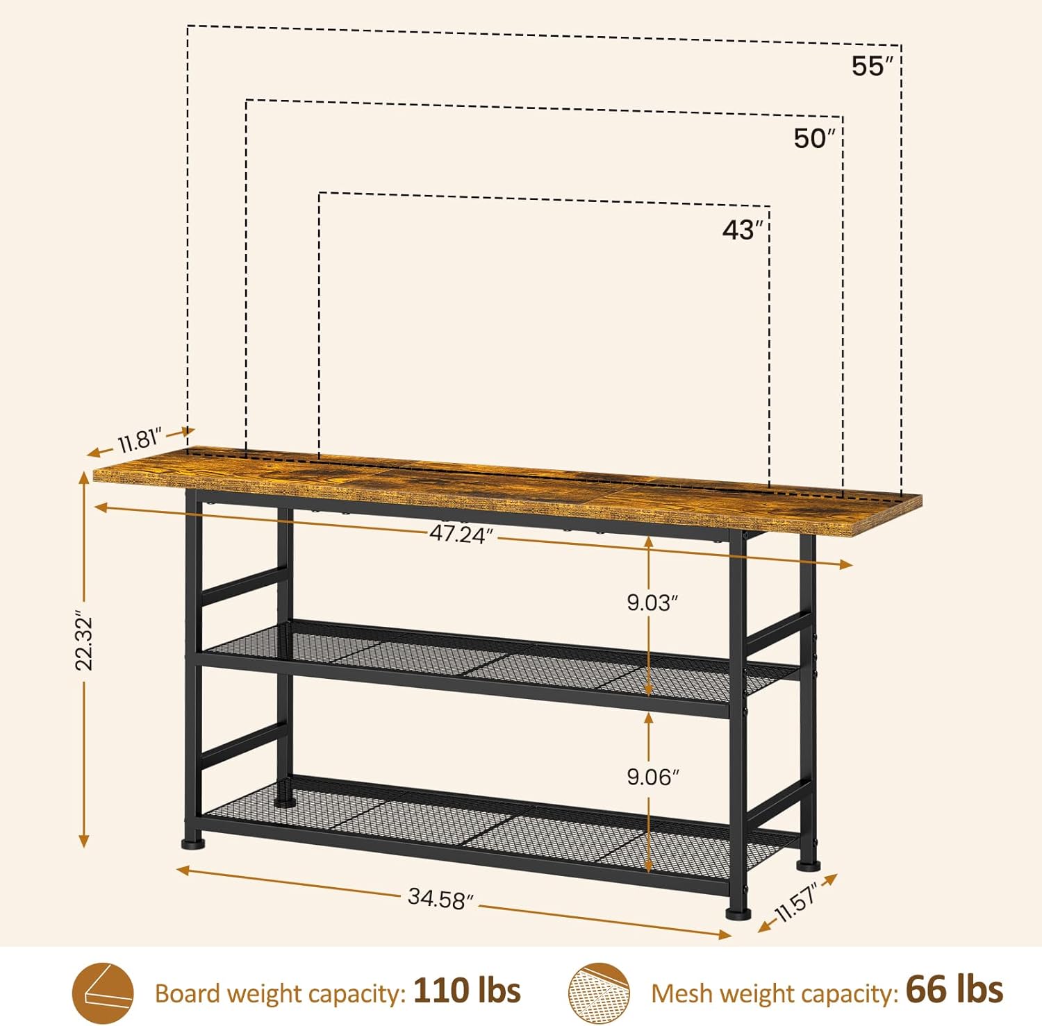 ThreeHio TV Stand for TVs up to 55 Inch TV, Entertainment Center with 3 Tier Open Storage Shelves, Media Console Table for Living Room, Bedroom, Rustic Brown
