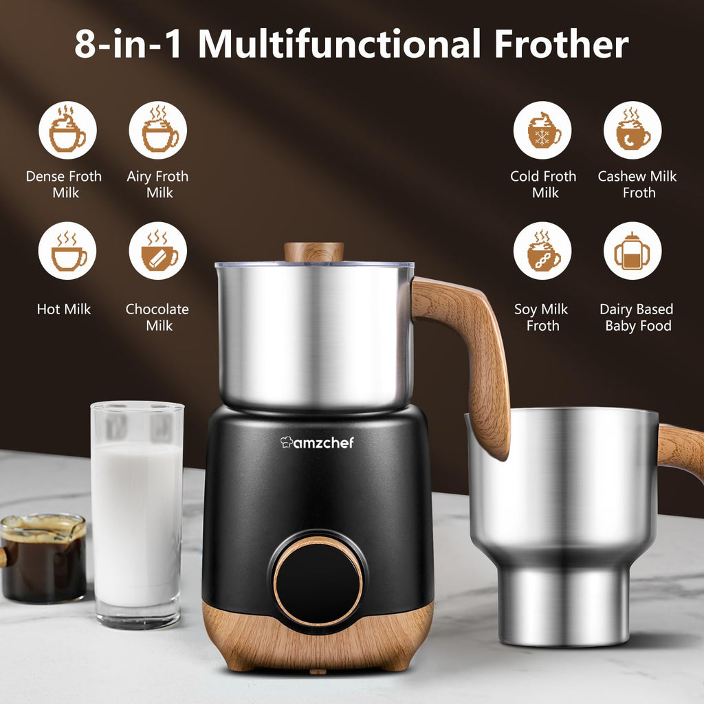 AMZCHEF 8-IN-1 Milk Frother and Steamer 21 oz, 550 Watts Split Stainless Steel Automatic Steamer, Milk's Warmer for Latte, Cappuccino, Hot Chocolate, Hot&Cold Froth, Heated Milk, Baby Food Wood&Black