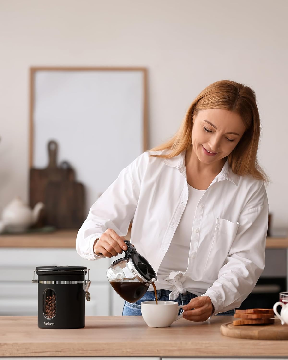Veken Coffee Canister with Window,Airtight Stainless Steel Kitchen Food Storage Container, Date Tracker & Scoop for Grounds Coffee, Beans, Tea,Flour,Cereal,Sugar,22OZ,Copper