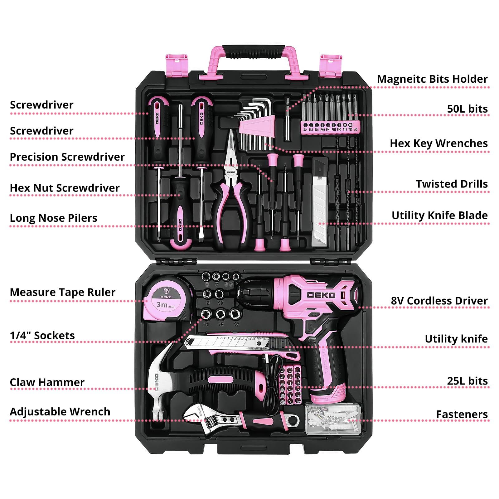 DEKOPRO Tool Set：Tool Kit with 8V Cordless Drill,Tool Box with Drill,Hand Drill Set for Men & Women,Home Tool Kits for House Repair,Handyman,DIY 126 Piece