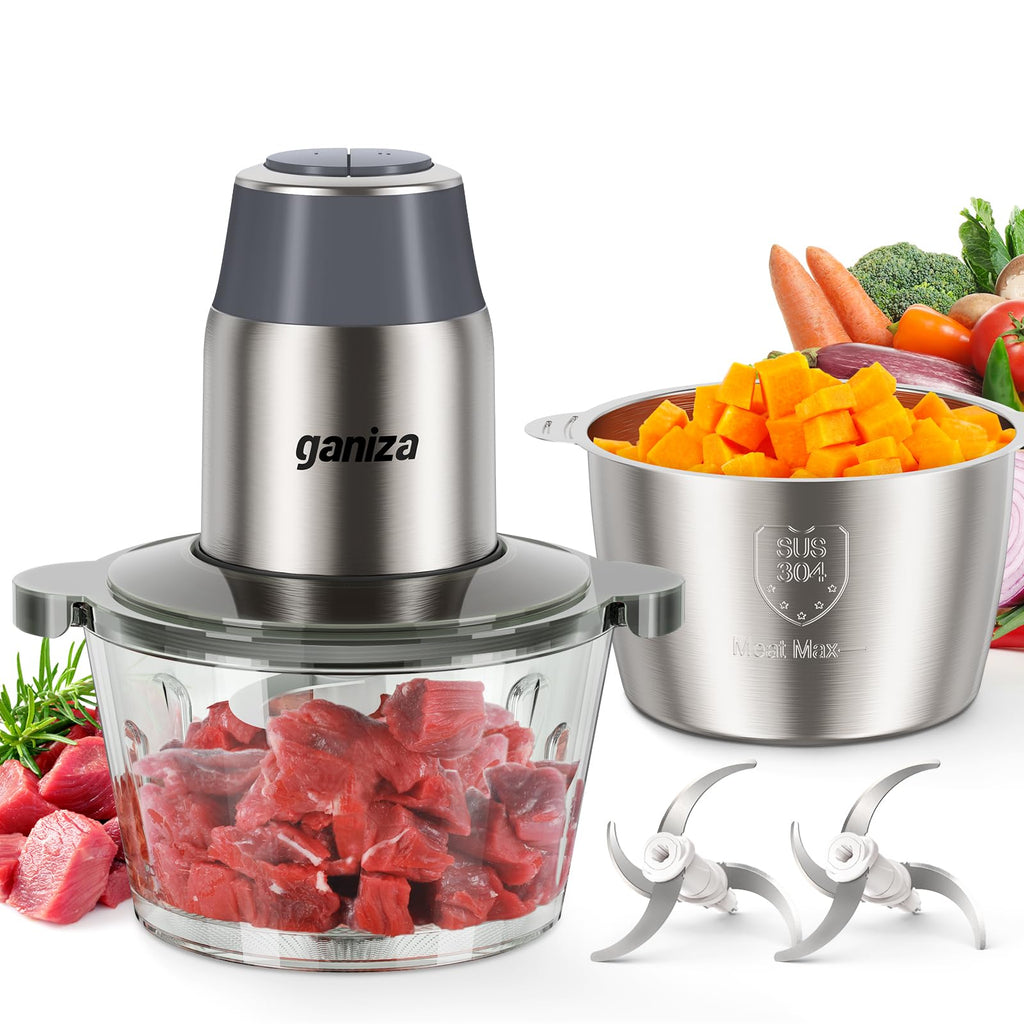GANIZA Procesadores de alimentos, picadora eléctrica de alimentos con picadora de carne y picadora de verduras, 2 cuencos (8 tazas+8 tazas) con potente motor de cobre de 450 W, incluye 2 juegos de