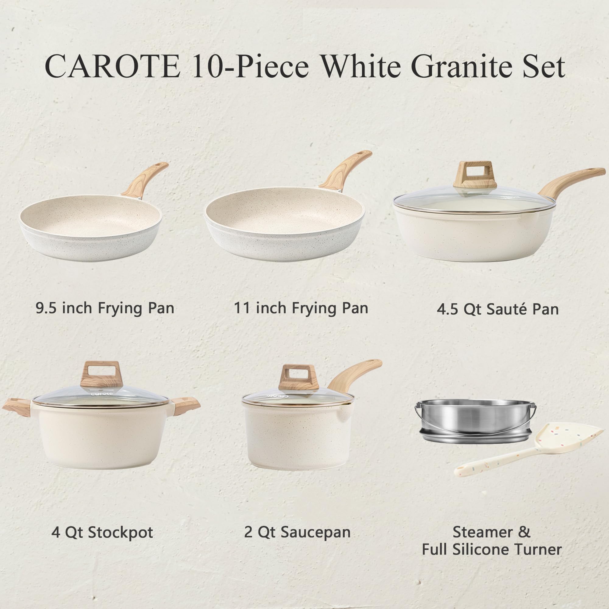 CAROTE 21Pcs Pots and Pans Set, Nonstick Cookware Sets, White Granite Induction Cookware Non Stick Cooking Set w/Frying Pans & Saucepans(PFOS, PFOA Free)
