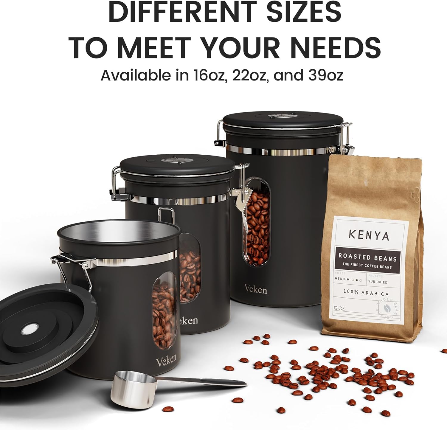 Veken Coffee Canister with Window,Airtight Stainless Steel Kitchen Food Storage Container, Date Tracker & Scoop for Grounds Coffee, Beans, Tea,Flour,Cereal,Sugar,22OZ,Copper