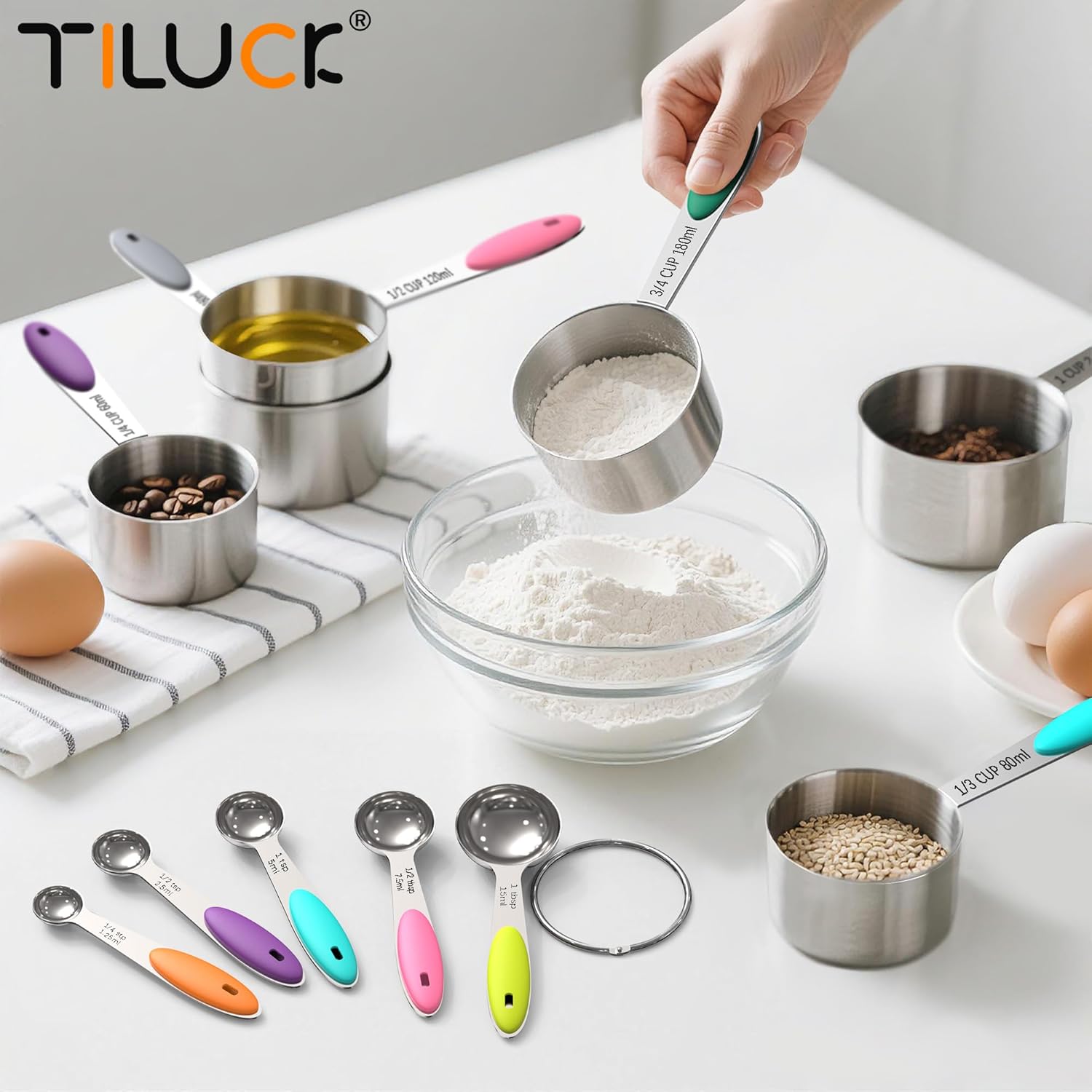 TILUCK Measuring Cups and Spoons Set, Stainless Steel, Kitchen Utensils for Cooking and Baking (10)