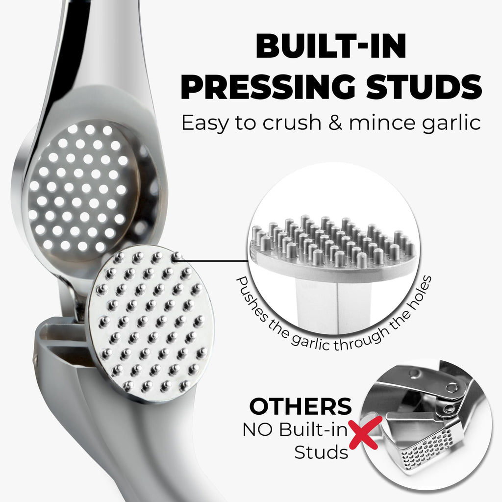 Zulay Kitchen Premium Garlic Press Set - Rust Proof Professional Garlic Mincer Tool - Easy-Squeeze, Easy-Clean with Soft, Ergonomic Handle - Silicone Garlic Peeler & Brush (Silver)