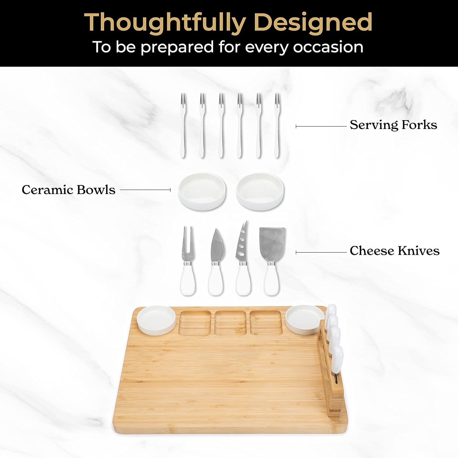 SMIRLY Charcuterie Board Set: Bamboo Rectangular Rustic Brown Cheese Board with Charcuterie Accessories & Round Fruit Tray - Perfect for Entertaining, Gifting, and Serving