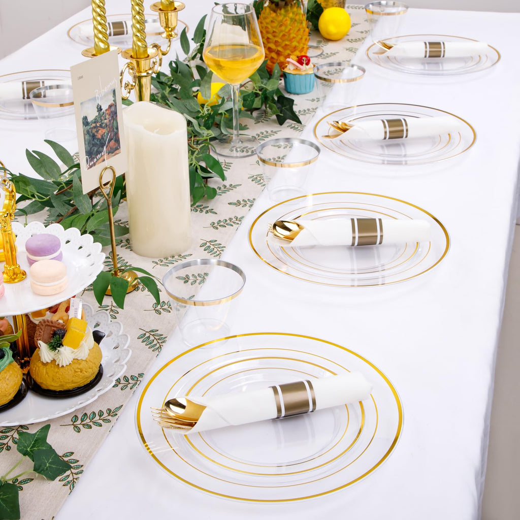 DaYammi 350PCS Gold Plastic Dinnerware Set for 50 Guests, Fancy Disposable Plates for Party, Include: 50 Dinner Plates, 50 Dessert Plates, 50 Pre Rolled Napkins with Gold Silverware, 50 Cups