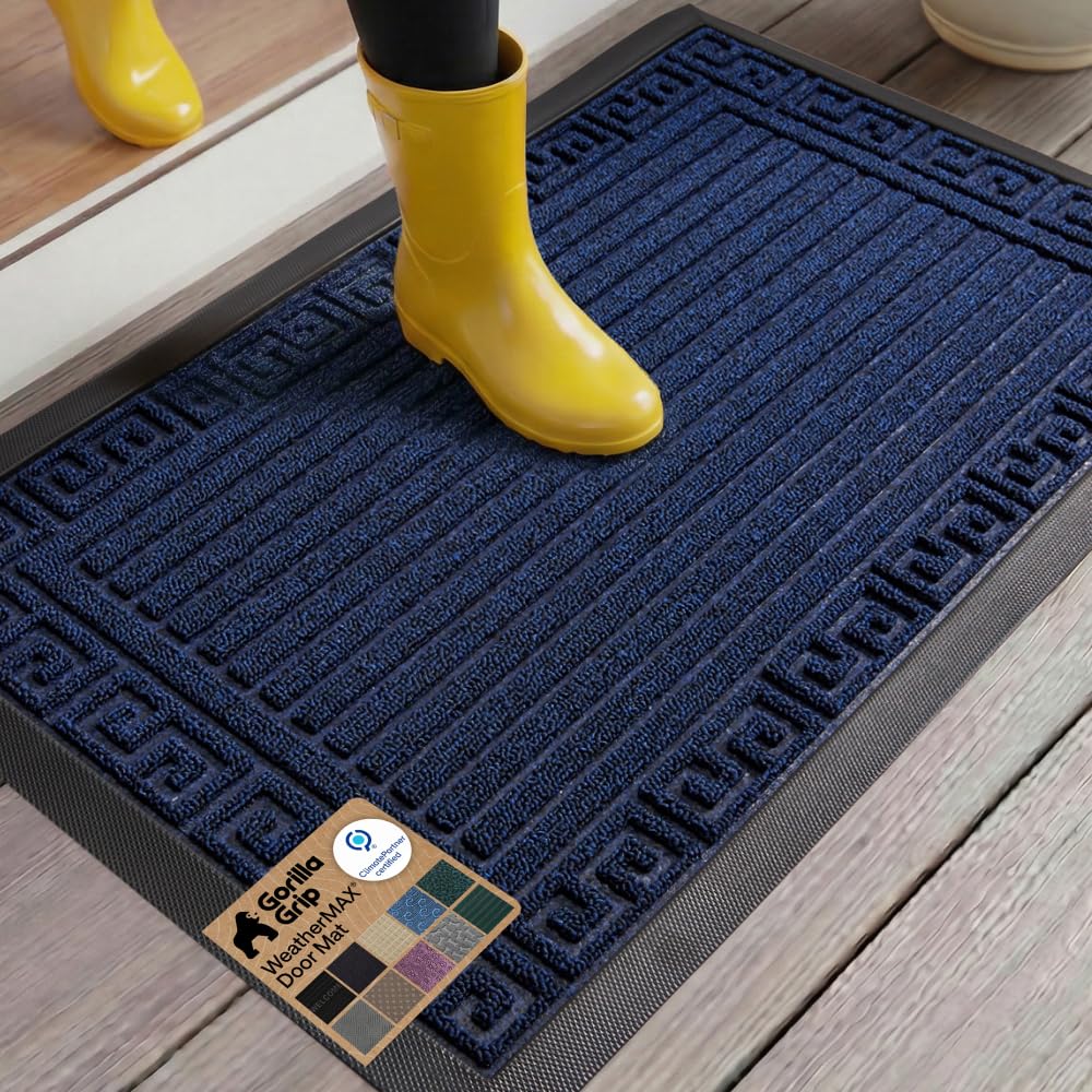 GORILLA GRIP 100% Waterproof All-Season WeatherMAX Doormat US Designed Natural Rubber, Stain Fade Resistant, Low Profile Indoor Outdoor Front Door Mats Outside Entrance, Easy Clean 29x17 Gray Diamond