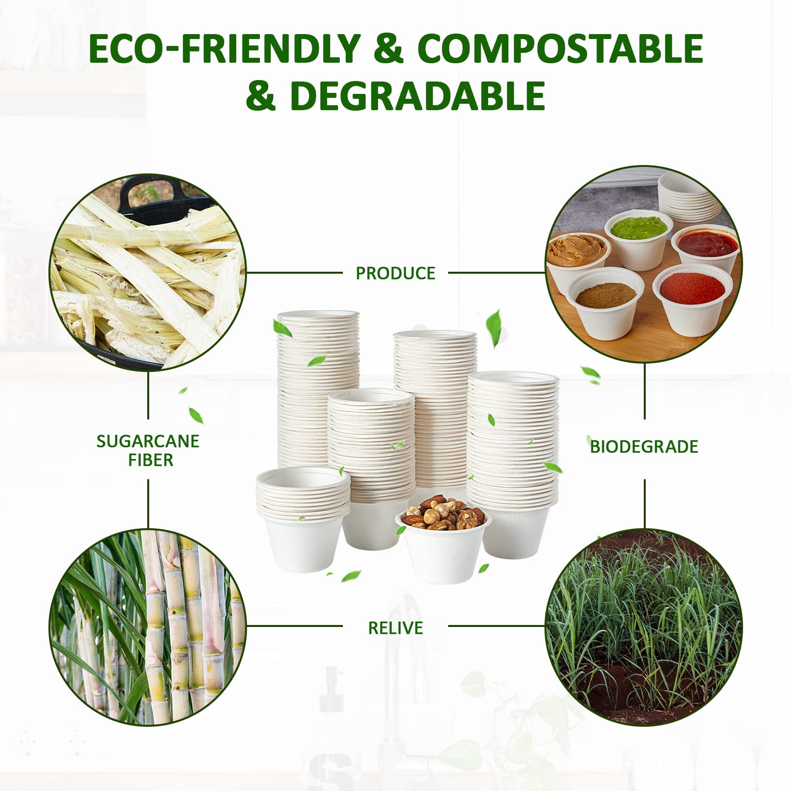 Vplus 1000 Pack 2 OZ Disposable Souffle Cups, 100% Compostable Portion Cups, Food Sample Cups Made From Bagasse Fibe, Perfect For Dips, Jams, Honey, Sauces, Nuts