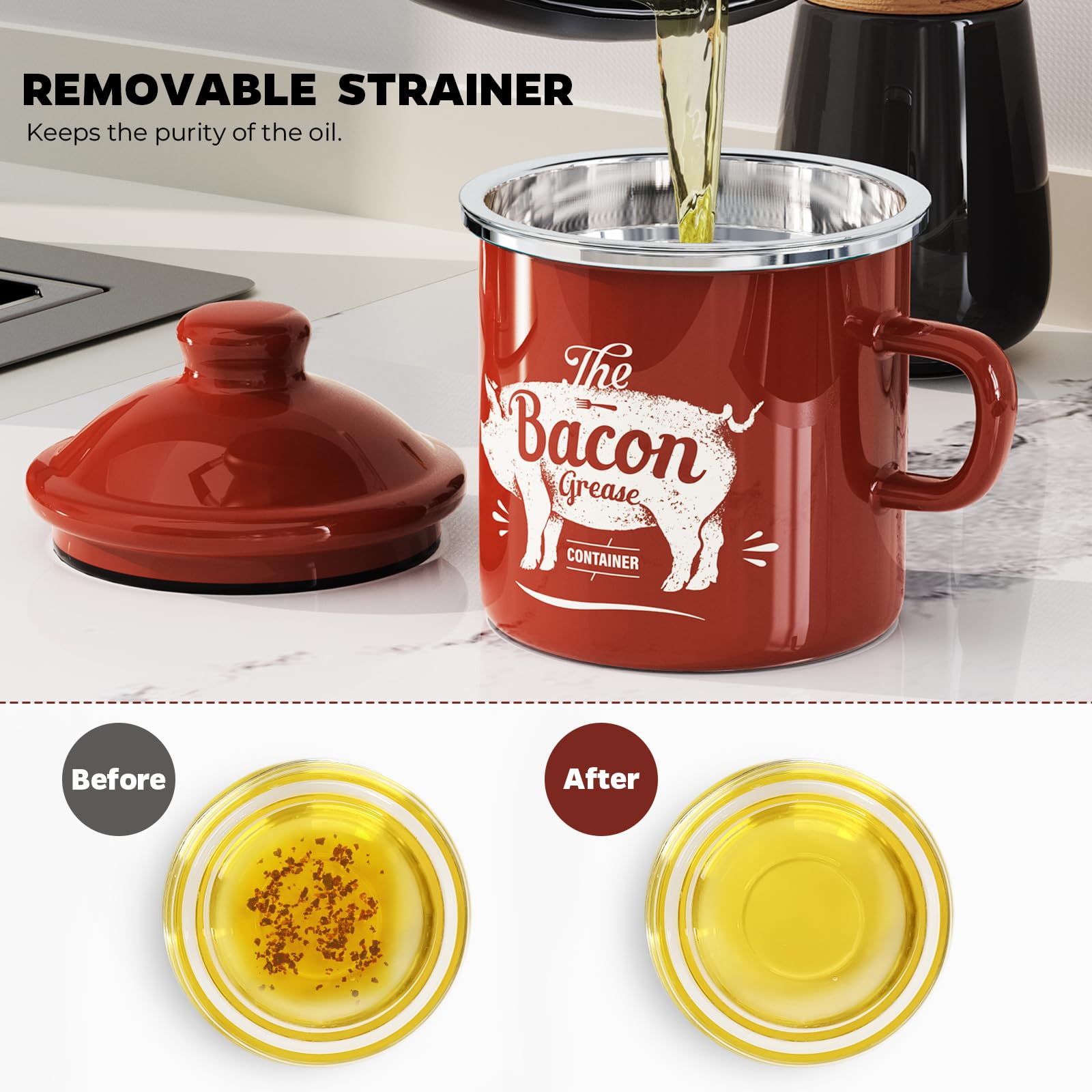 PGYARD Mini Bacon Grease Container With Strainer - 15OZ Enamel Grease Saver, Farmhouse Bacon Grease Keeper For Kitchen Fat Storage, Dishwasher Safe-Red