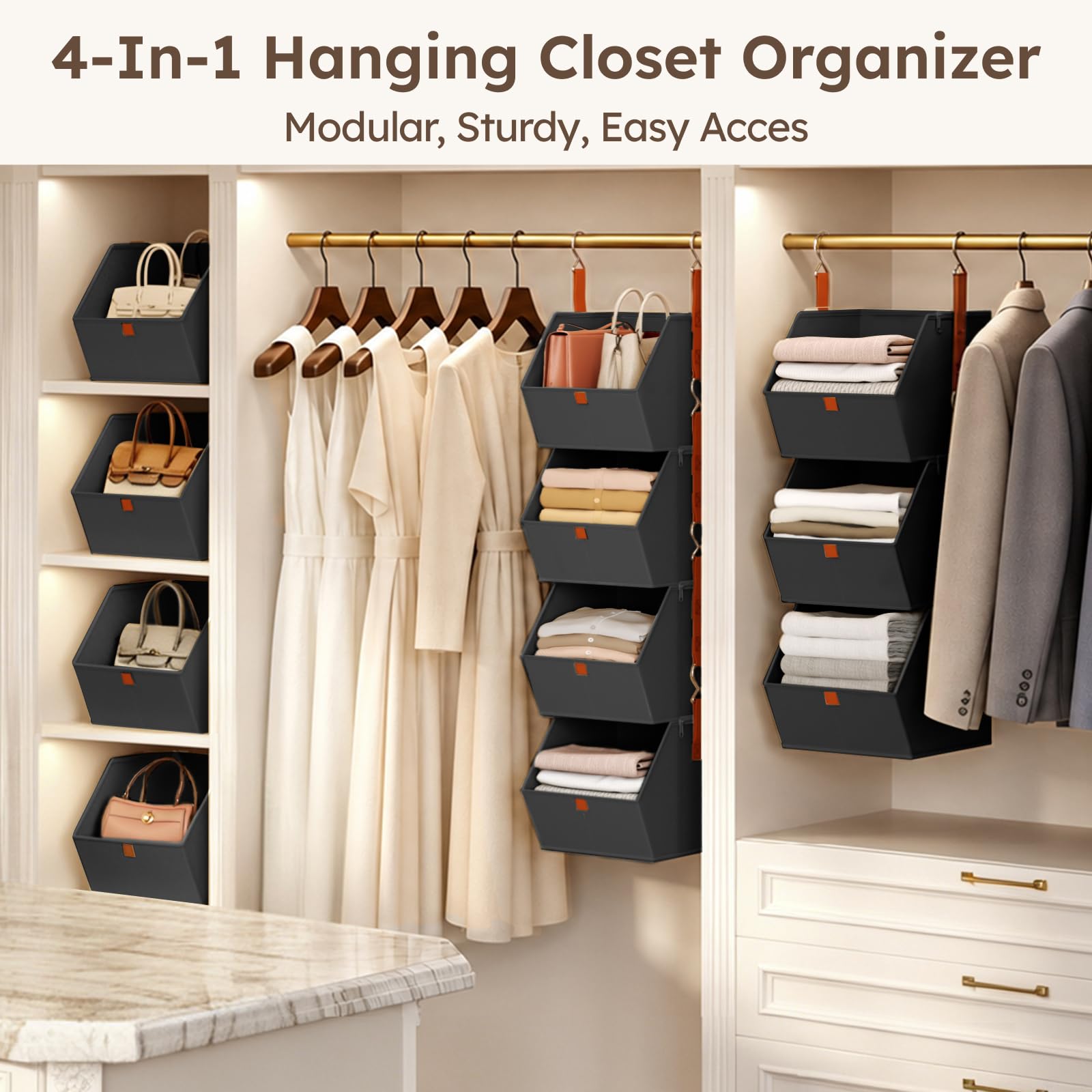Homsorout Hanging Closet Organizer 4 Tier - Clothes Hanging Shelves, Space-Saving Closet System, Fabric Storage Bins Bedroom Organization, Collapsible Baskets for Home, Dorm, Rv, Beige