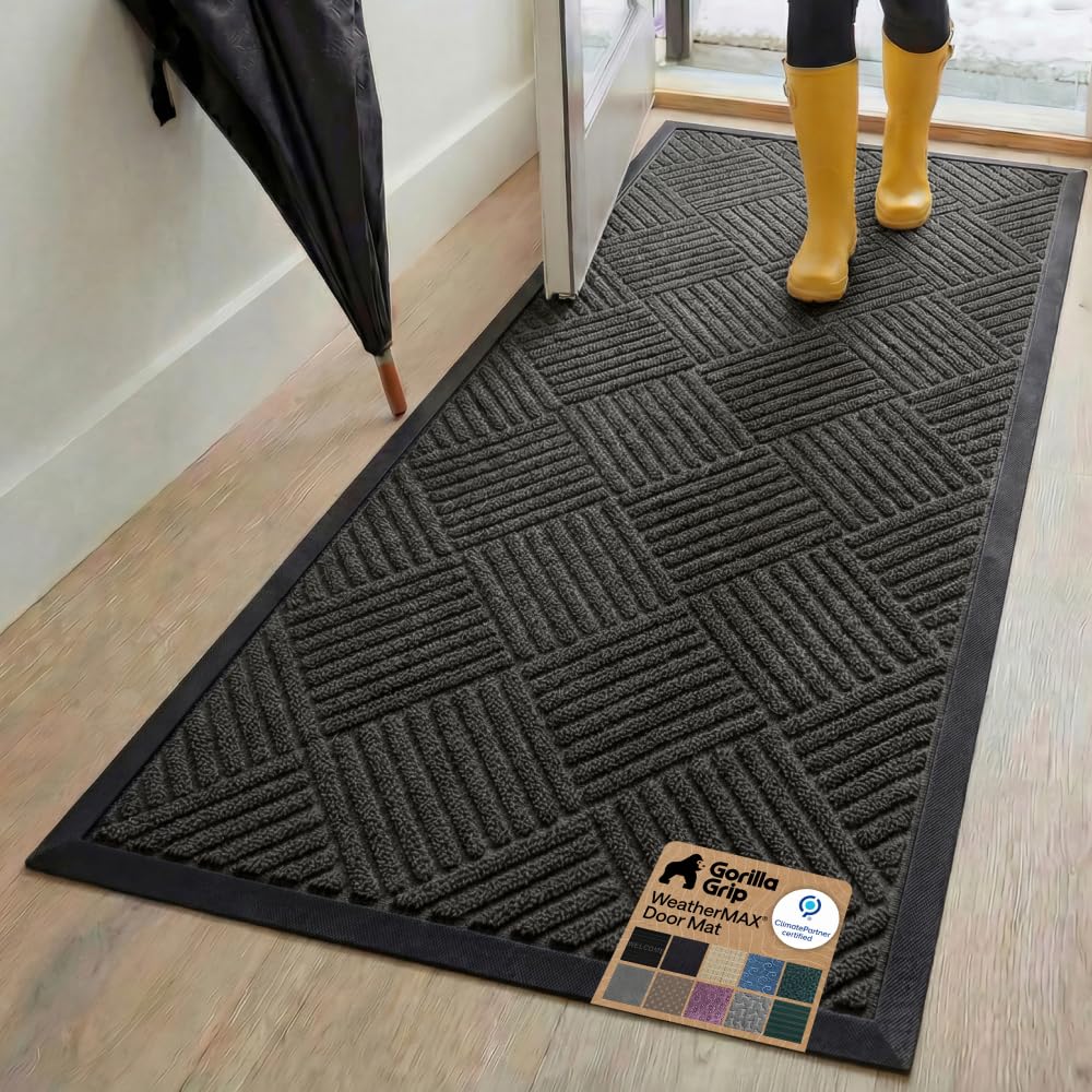 GORILLA GRIP 100% Waterproof All-Season WeatherMAX Doormat US Designed Natural Rubber, Stain Fade Resistant, Low Profile Indoor Outdoor Front Door Mats Outside Entrance, Easy Clean 29x17 Gray Diamond