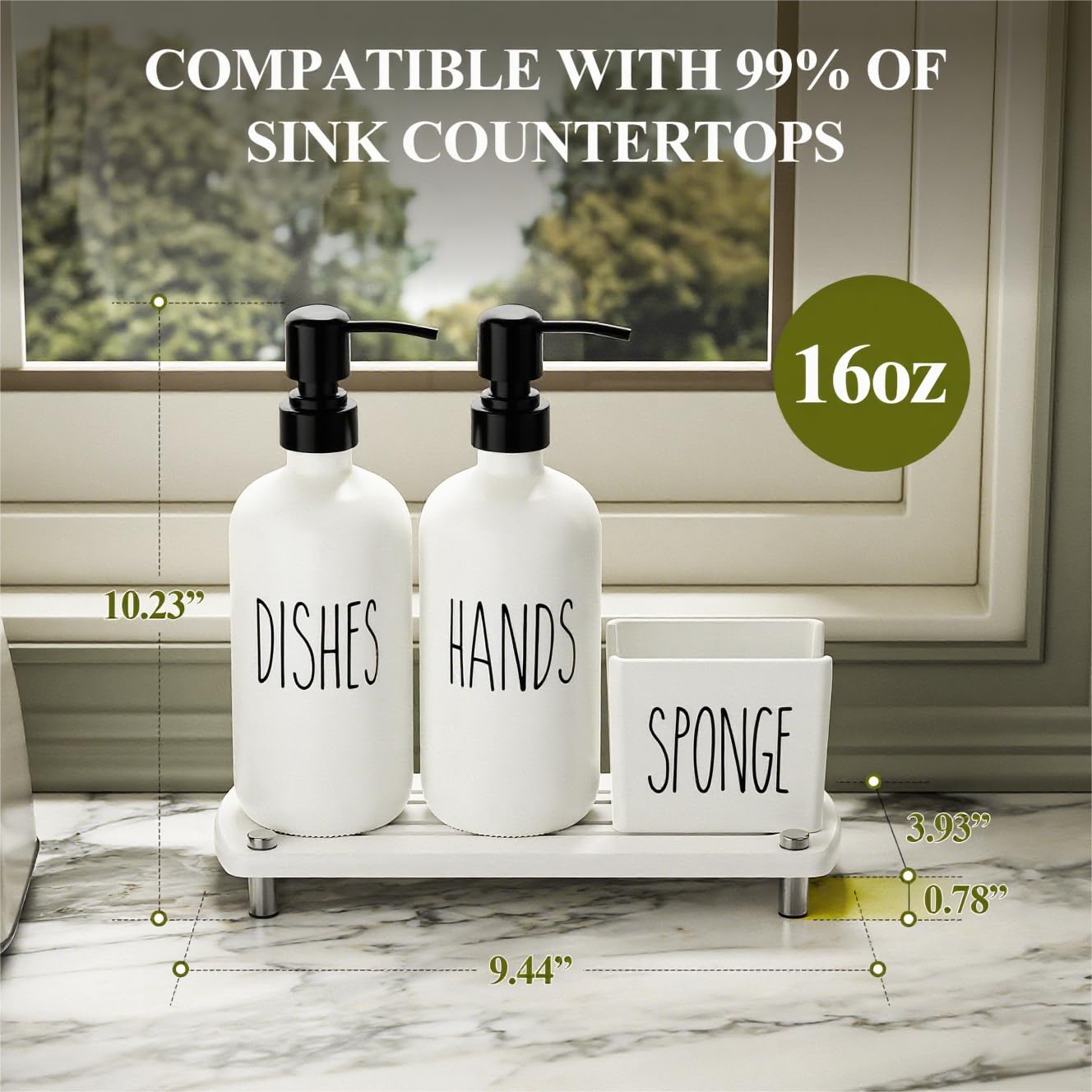 Cisily Kitchen Soap Dispenser Set Comes with Ceramics Sponge Holder, Gold Pumps, and Instant Dry Tray, Hand and Dish Soap Dispenser Set (4, Gold + White + Sponge Holder)