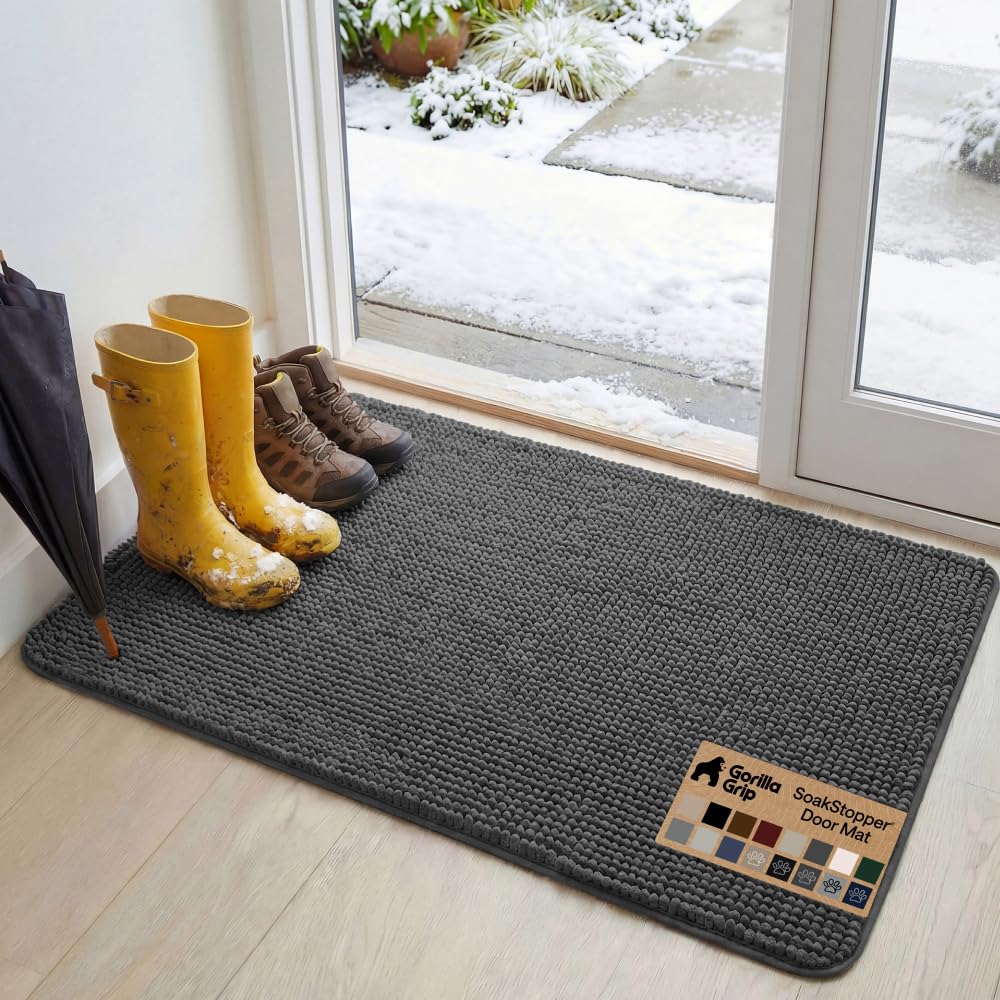 GORILLA GRIP SoakSTOPPER Dog Door Mat, Machine Washable Rug Absorbent Doormat Captures Moisture Mud Dirt, Quick Dry Soft Chenille Entryway Rugs Indoor Entrance Mats for Dog Paws, 24x17 Grey