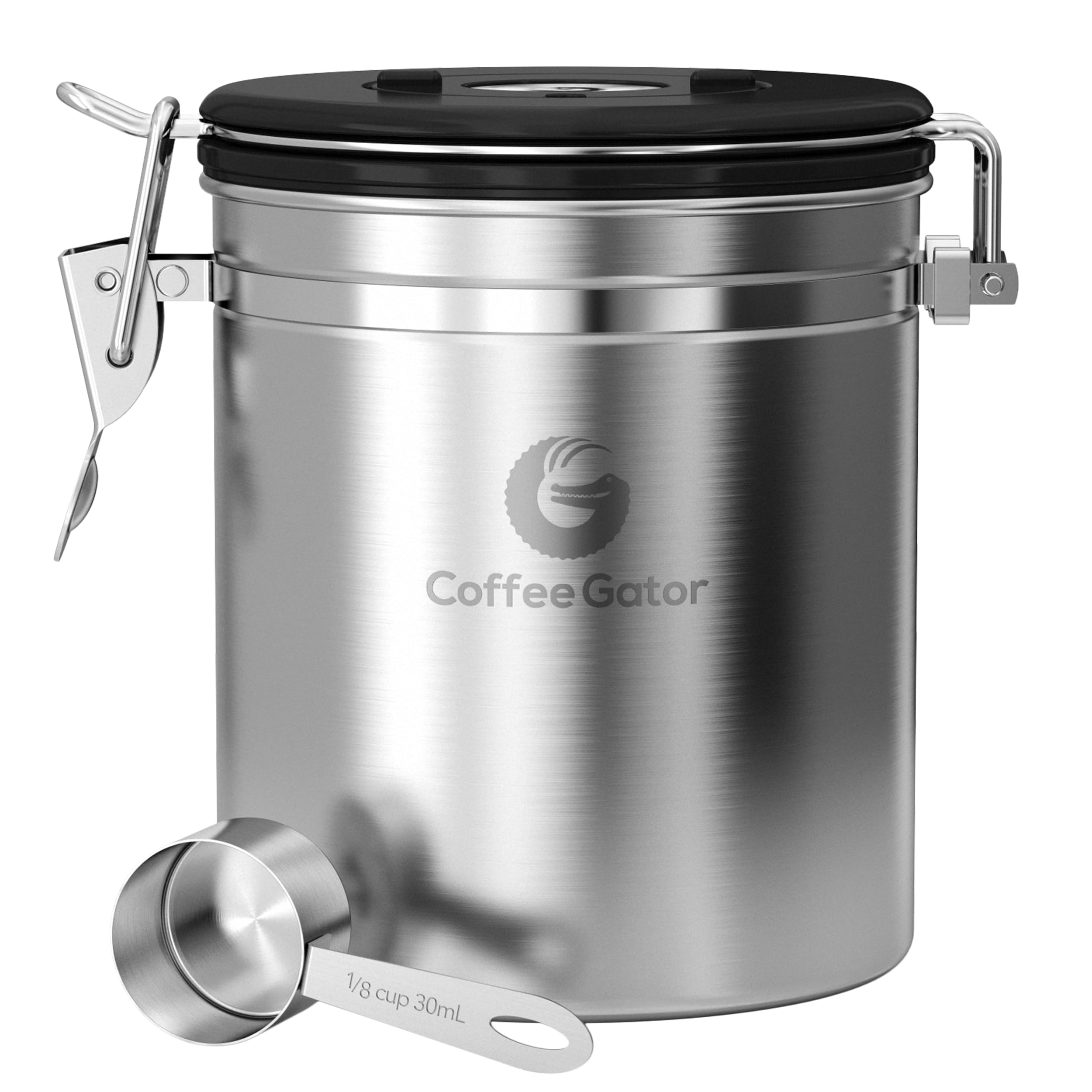 Coffee Gator Stainless Steel Canister - Medium 16oz, Gray Coffee Grounds and Beans Container with Date-Tracker, CO2-Release Valve, and Measuring Scoop - Ideal Coffee Lovers Gifts