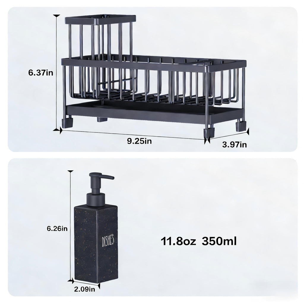 Cisily Juego de dispensador de jabón de cocina con organizador para fregadero, botella de vidrio de 12 onzas, dispensador de jabón para manos y platos con soporte para esponja, accesorios organizadores de fregadero de cocina de acero inoxidable negro