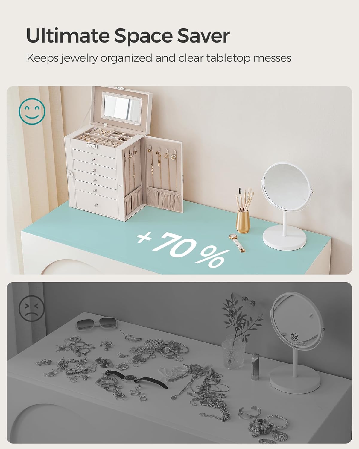 SONGMICS 6-Layer Jewelry Box Organizer with 5 Drawers, Jewelry Storage Case with Lock and Mirror, Large Storage Capacity, Gift for Loved Ones, for Necklaces, Watches, White UJBC152W01