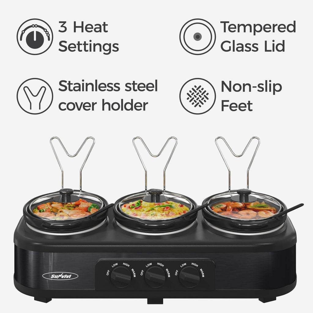 SUNVIVI Triple Slow Cooker, Buffet Food Warmer with 3 x 1.5 QT Removable Ceramic Pots, Buffet Servers and Warmers with Glass Lids and 3 Spoons, Stainless Steel, Blue