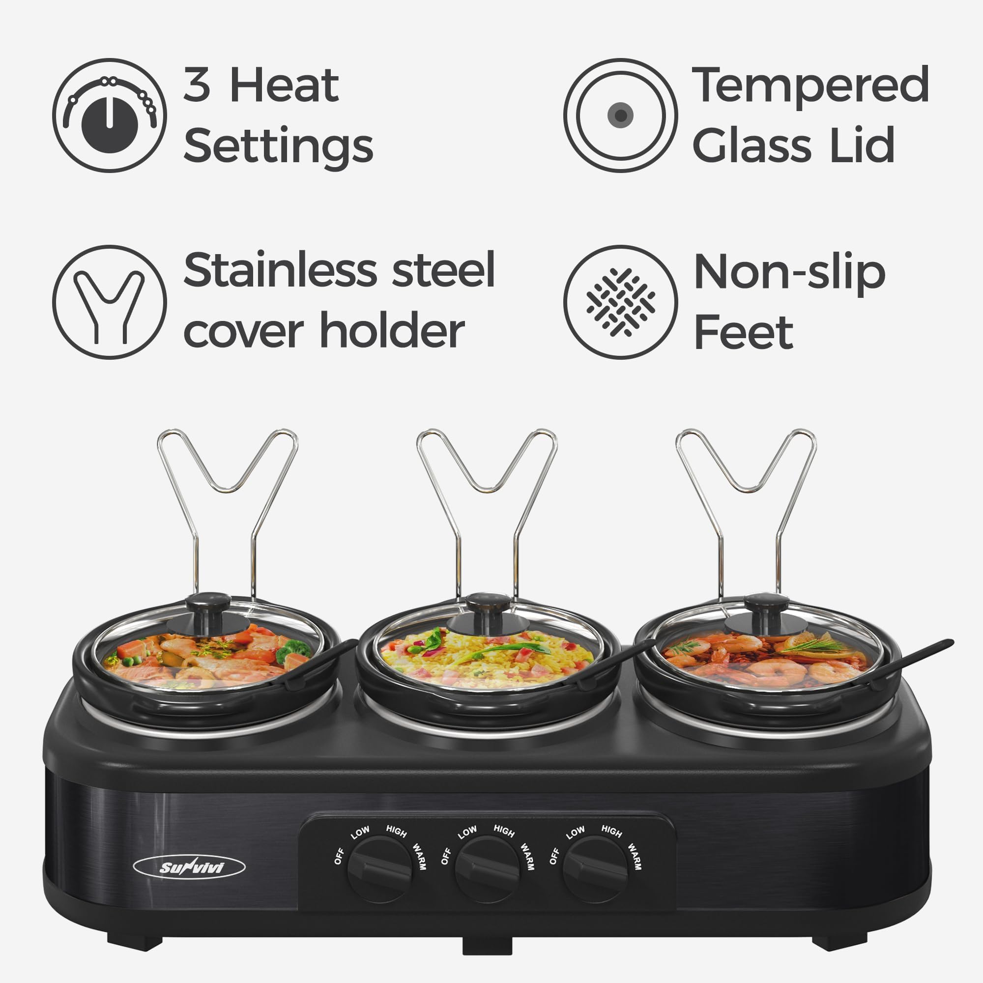 SUNVIVI Triple Slow Cooker, Buffet Food Warmer with 3 x 1.5 QT Removable Ceramic Pots, Buffet Servers and Warmers with Glass Lids and 3 Spoons, Stainless Steel, Blue