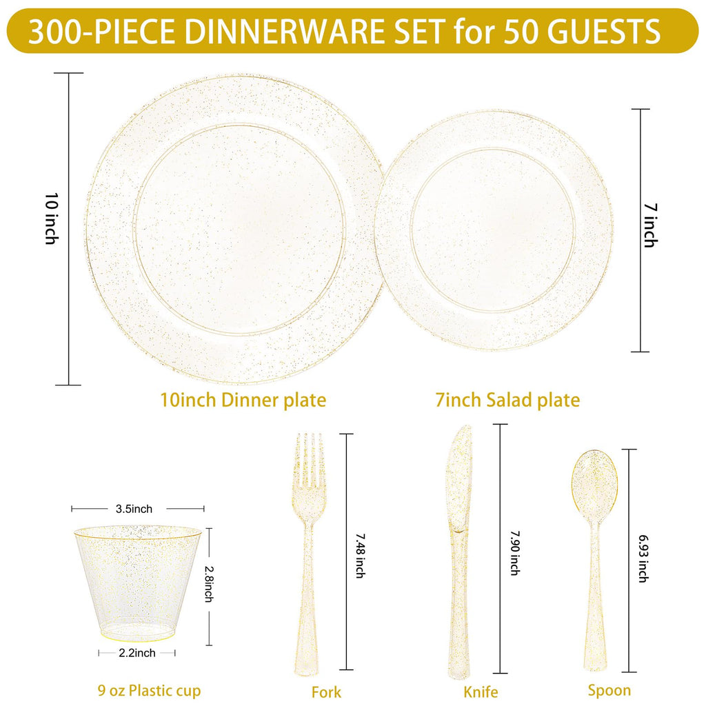 WELLIFE 600 PCS Silver Disposable Dinnerware Set for 100 Guests, Wedding Reception Plates & Silver Plastic Tableware, Dinner & Salad Plates, Cups, Forks, Knives & Spoons for Weddings & Elegant Events