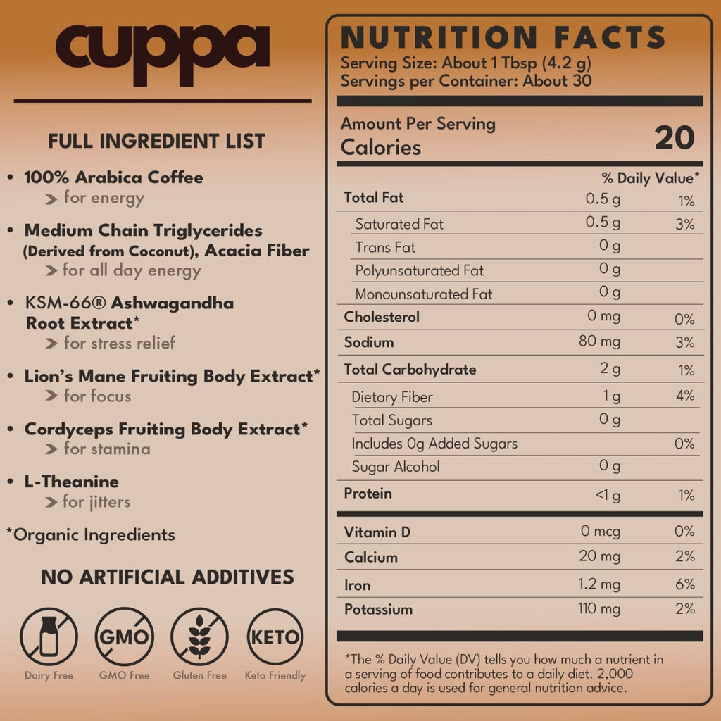 Cuppa Medium Roast Mushroom Coffee with Adaptogens & Superfoods - Lion’s Mane, Ashwagandha & Cordyceps. Adaptogens + MCT to support natural energy, mental focus & gut health (30 Servings)