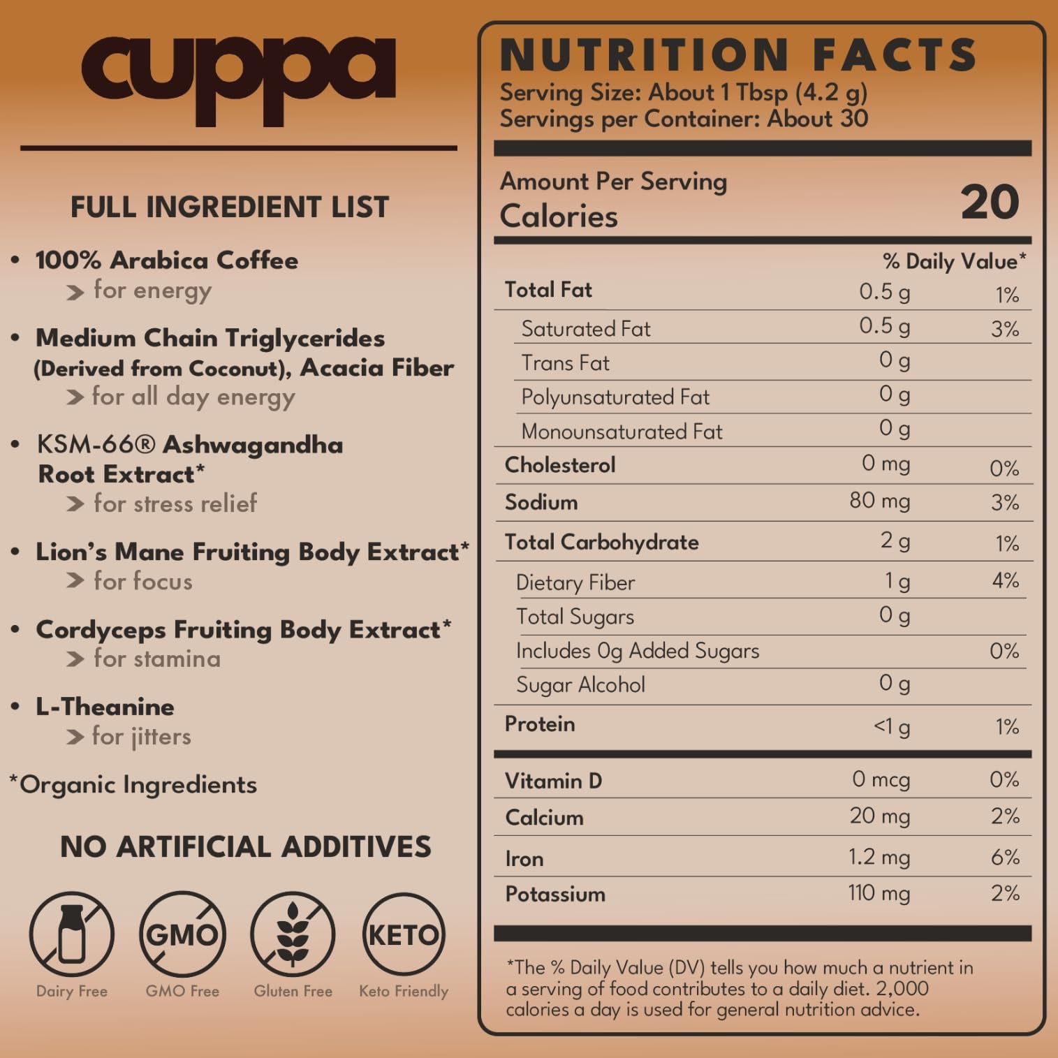 Cuppa Medium Roast Mushroom Coffee with Adaptogens & Superfoods - Lion’s Mane, Ashwagandha & Cordyceps. Adaptogens + MCT to support natural energy, mental focus & gut health (30 Servings)