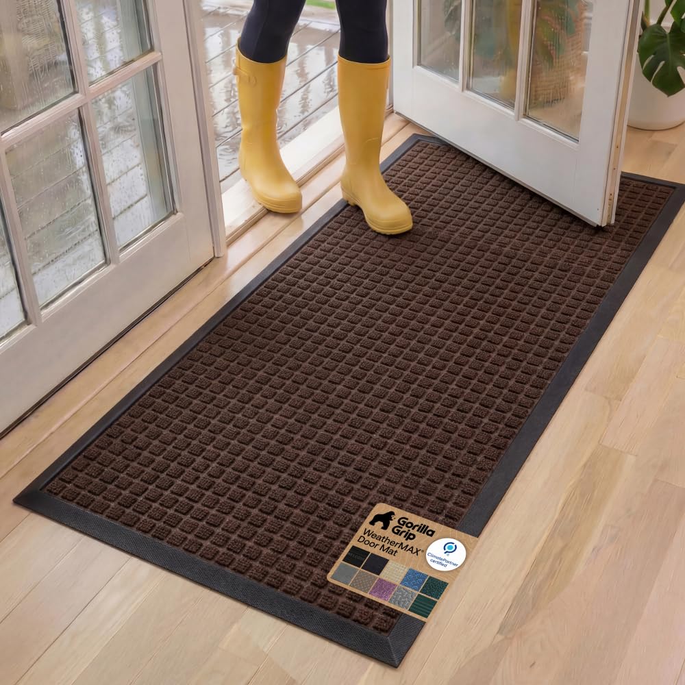 GORILLA GRIP 100% Waterproof All-Season WeatherMAX Doormat US Designed Natural Rubber, Stain Fade Resistant, Low Profile Indoor Outdoor Front Door Mats Outside Entrance, Easy Clean 29x17 Gray Diamond