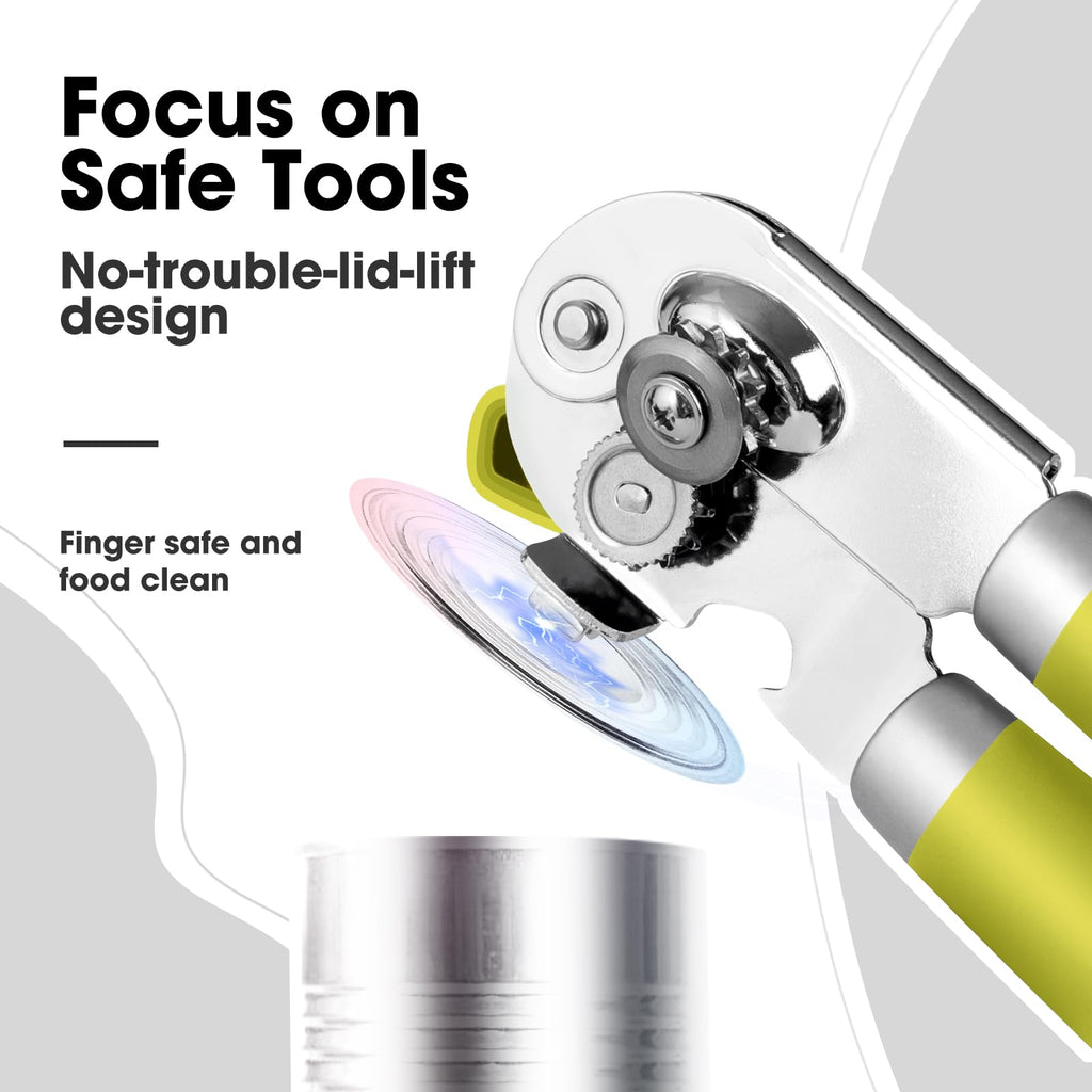 Beneno Heavy Duty Hand Can Opener Manual with Magnet, Durable Sharp Carbon Steel Blade Smooth Cutting, Big Effort-Saving Knob & Soft Grip Handle, Multifunctional Kitchen Tool with Bottle Opener, Green