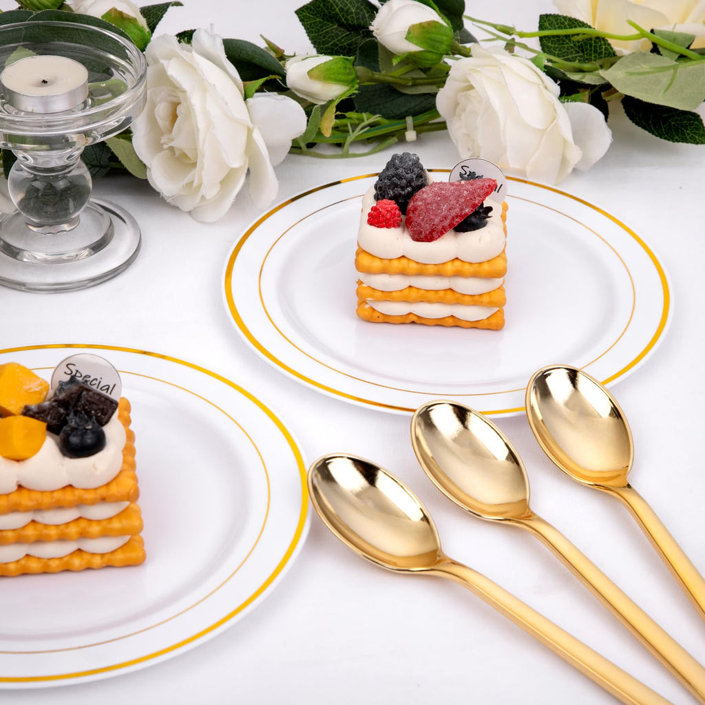 DaYammi 100Pcs Gold Plastic Spoons, Disposable Silverware, plastic Cutlery Heavy Duty Disposable Flatware Dinnerware Perfect for Dinner Parties, Gold disposable Spoons for Party Wedding Dinner