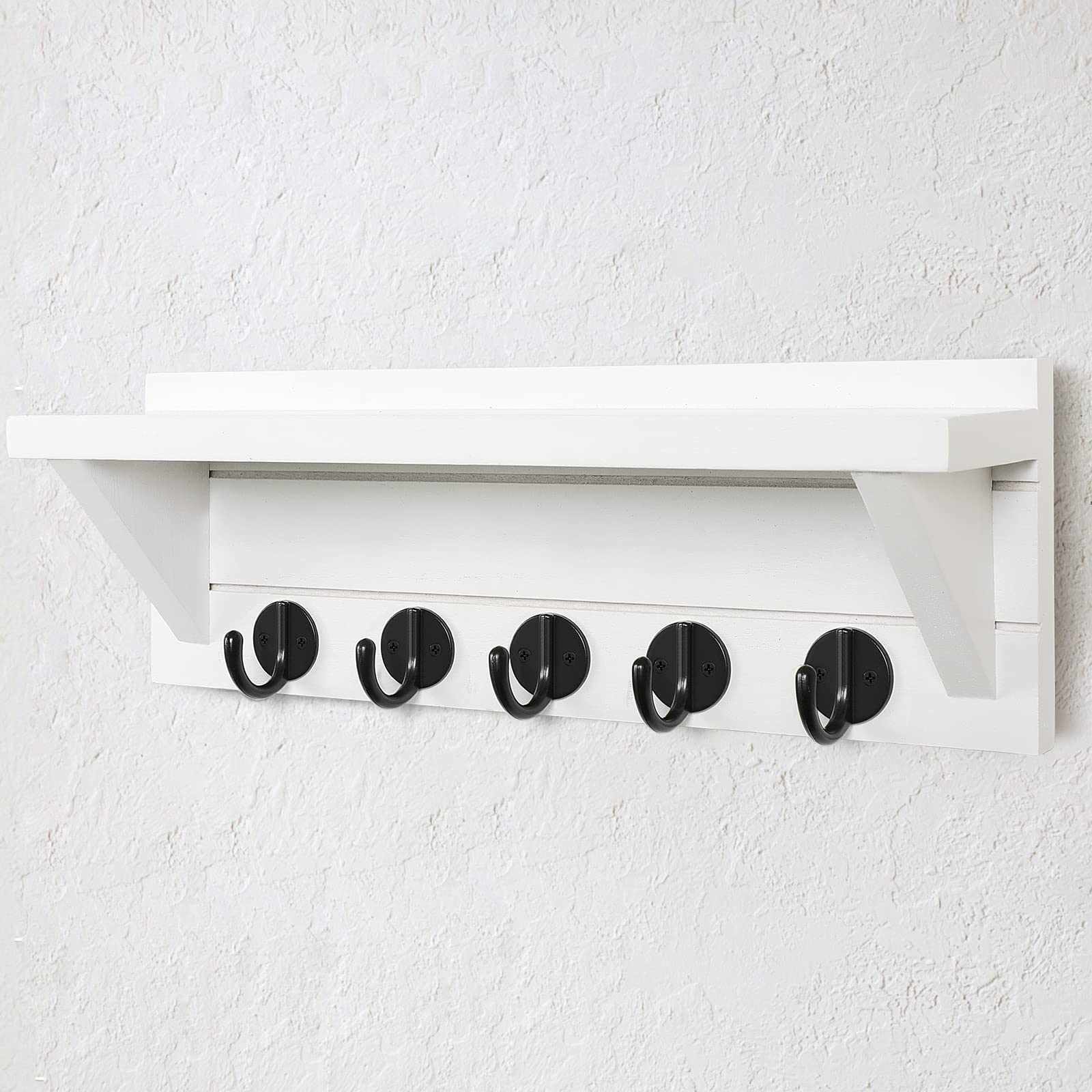 Wall Key Holder with Shelf, Rustic Shelf with Hooks Made of Paulownia Wood Holds Keys, Dog Leash, Bags and More - 13.7" W x 4.7" H x 3.5" D Decorative Key Hanger and Entryway Shelf (Gray)