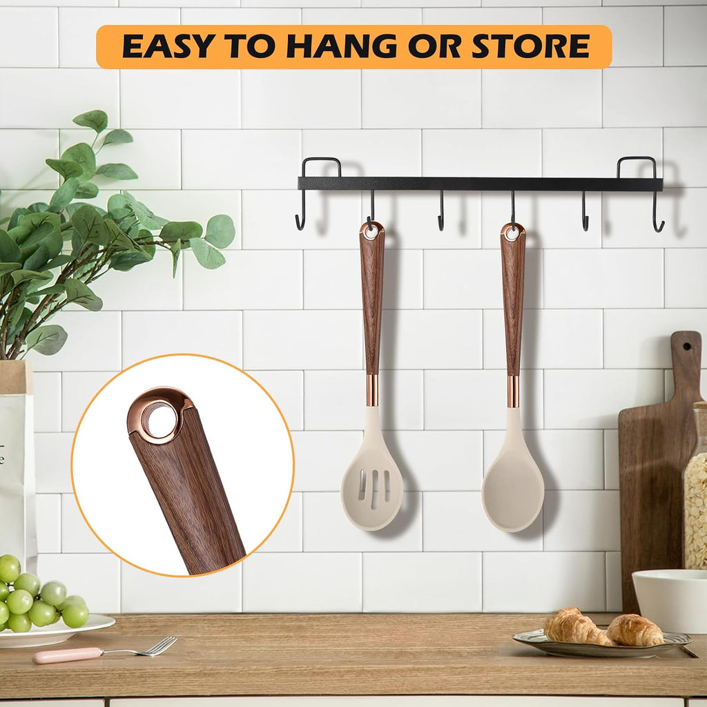 MANJIA Silicone Slotted and Solid Cooking Spoons Set, 2 Piece, Khaki