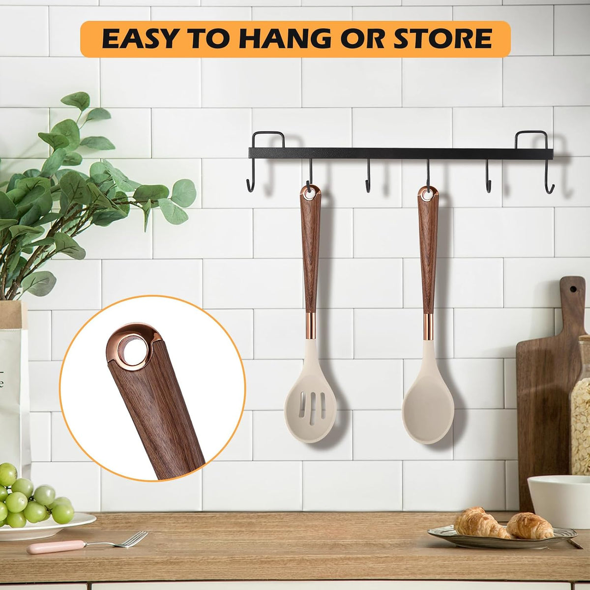 MANJIA Silicone Slotted and Solid Cooking Spoons Set, 2 Piece, Khaki