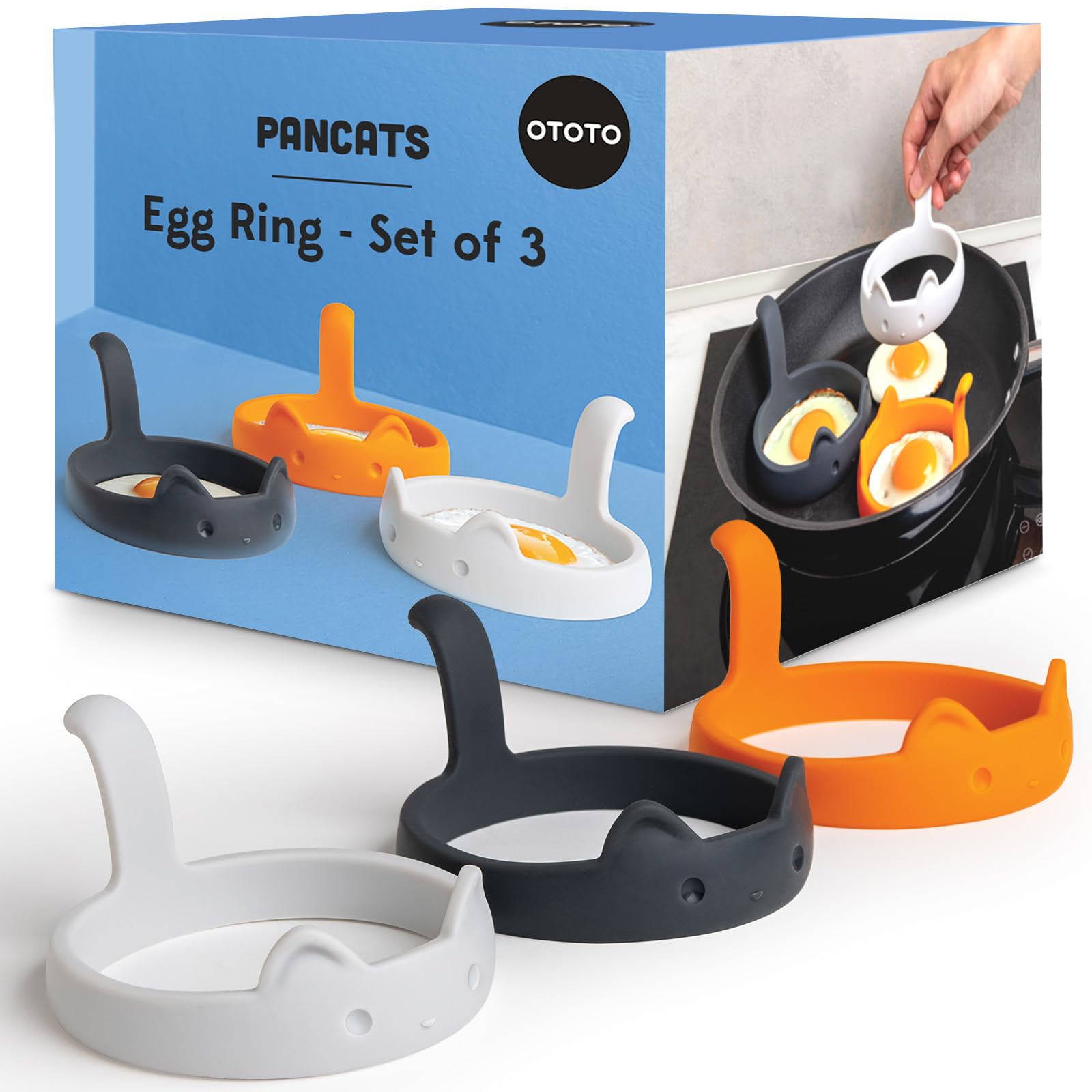 OTOTO PanCats Egg Ring Set of 3 - Silicone Egg Rings for Frying Eggs, Non Stick Fried Egg Cooker Ring, Cat Gifts for Cat Lovers, Cute Funny Kitchen Accessories Gadgets, Separator (Multicolor)