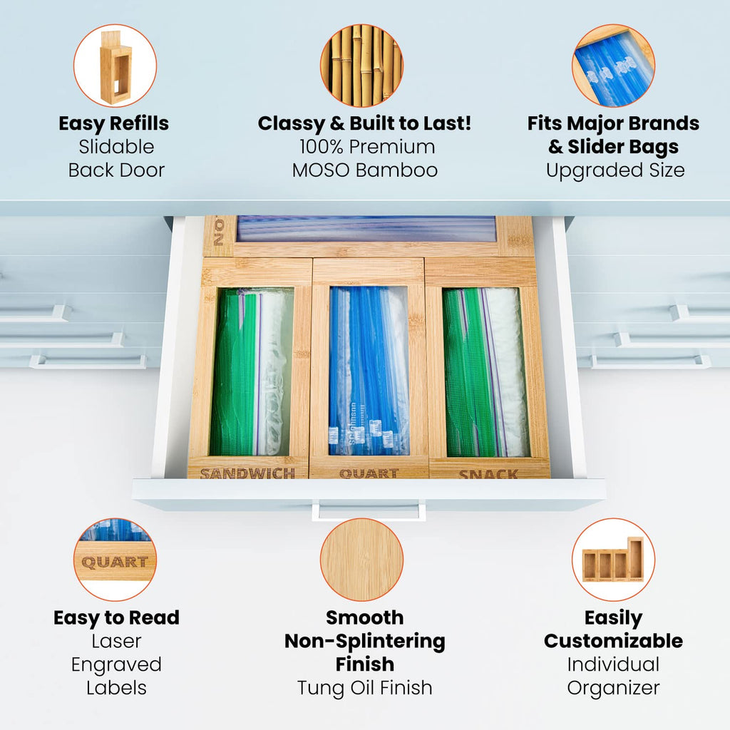 mHomeBilt Bag Storage Organizer - Bamboo Food Plastic Baggie Holder, Dispenser, and Container for Kitchen Drawer - Fits Major Brand's Gallon, Quart, Sandwich & Snack Sized Slider Bags (Black)