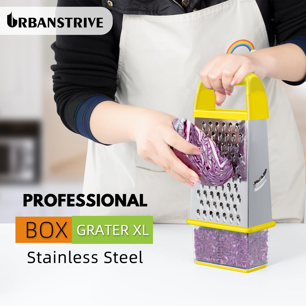 Urbanstrive Cheese Grater With Container Box Grater Stainless Steel Graters for Kitchen Cheese Shredder Parmesan Shredder Kitchen Gadgets Kitchen Tools Kitchen Gifts for Chef Dishwasher Safe Zester