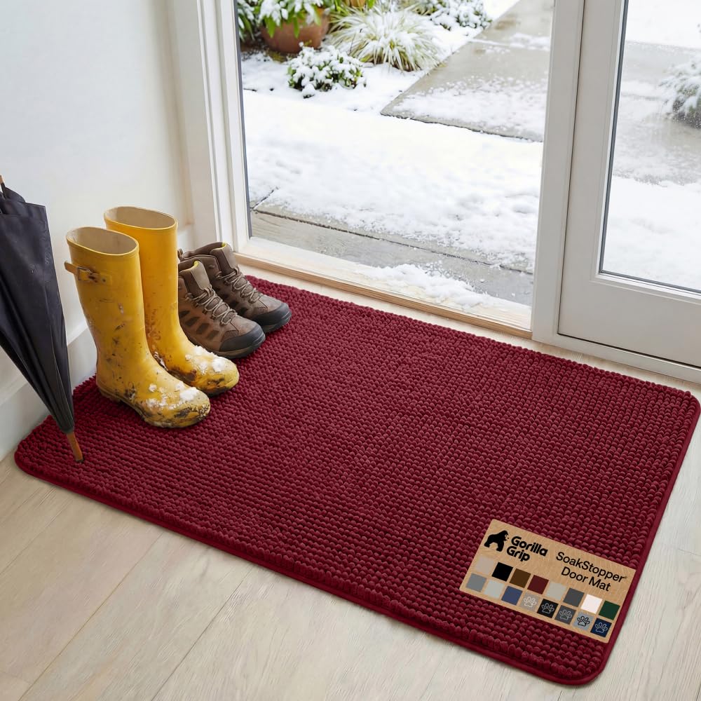 GORILLA GRIP SoakSTOPPER Dog Door Mat, Machine Washable Rug Absorbent Doormat Captures Moisture Mud Dirt, Quick Dry Soft Chenille Entryway Rugs Indoor Entrance Mats for Dog Paws, 24x17 Grey
