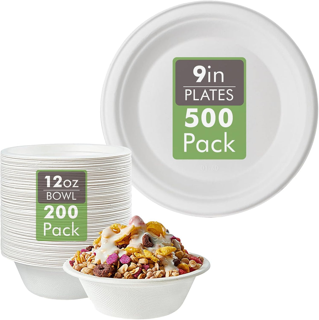 Vplus 500 Pack Compostable Disposable Paper Plates 9 inch and 200 Pack 12 OZ Paper Bowls